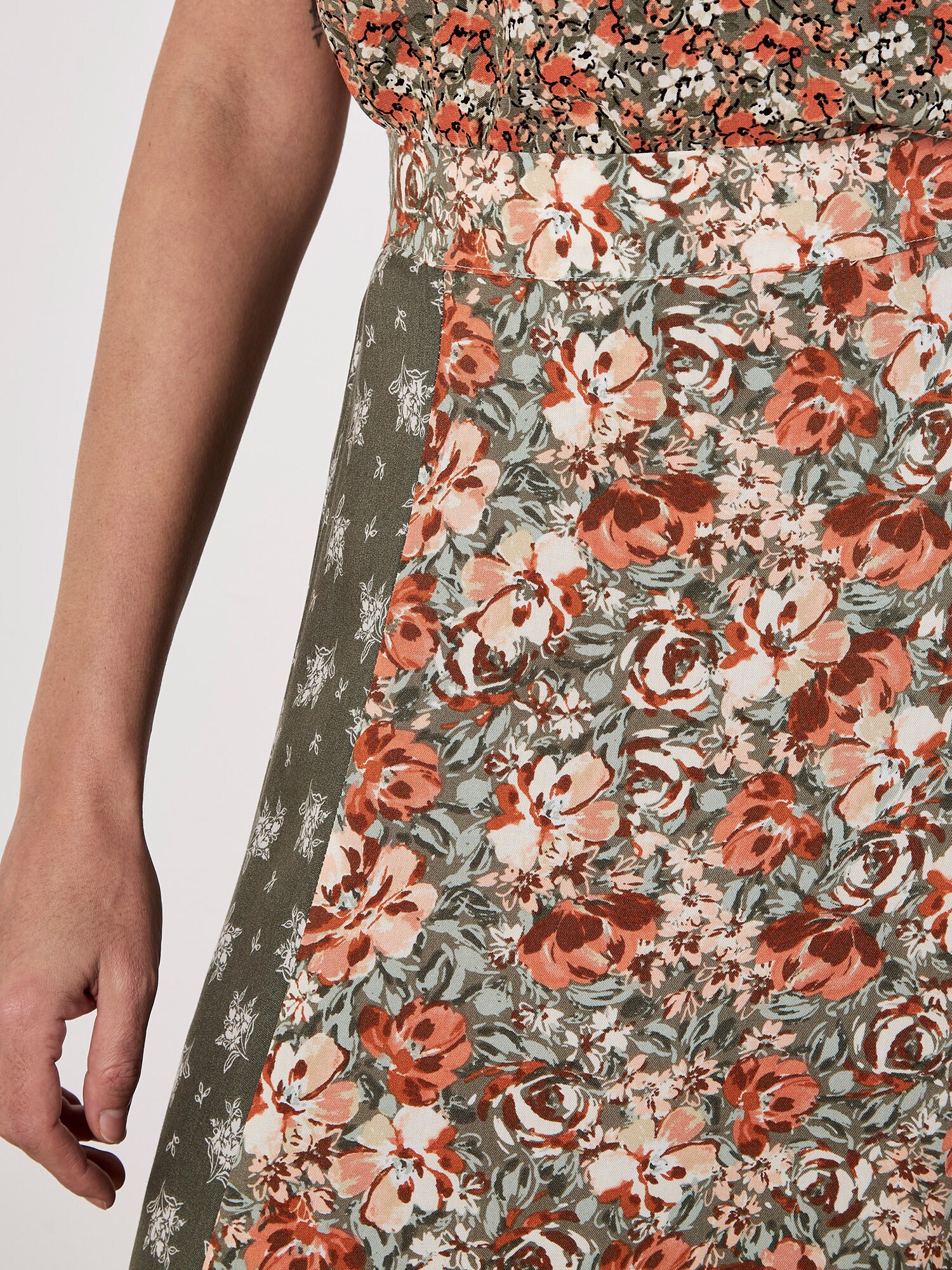 Thumbnail - Apricot Floral Patchwork Print Midi Skirt