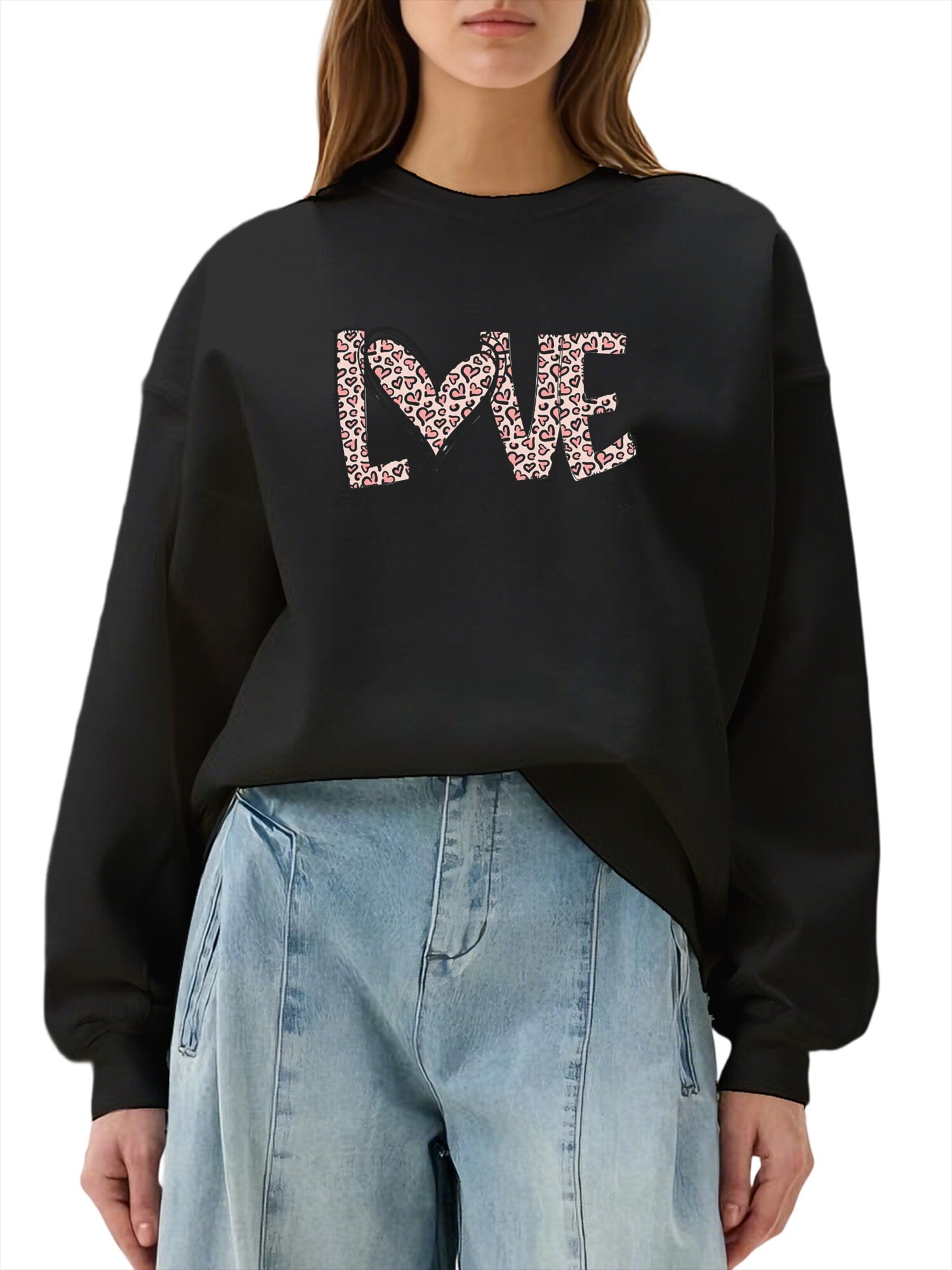 GORHEY Sudadera 'Women's Pullover with Leopard Print Heart, Loose Fleece Pullover for Autumn/Winter'  negro