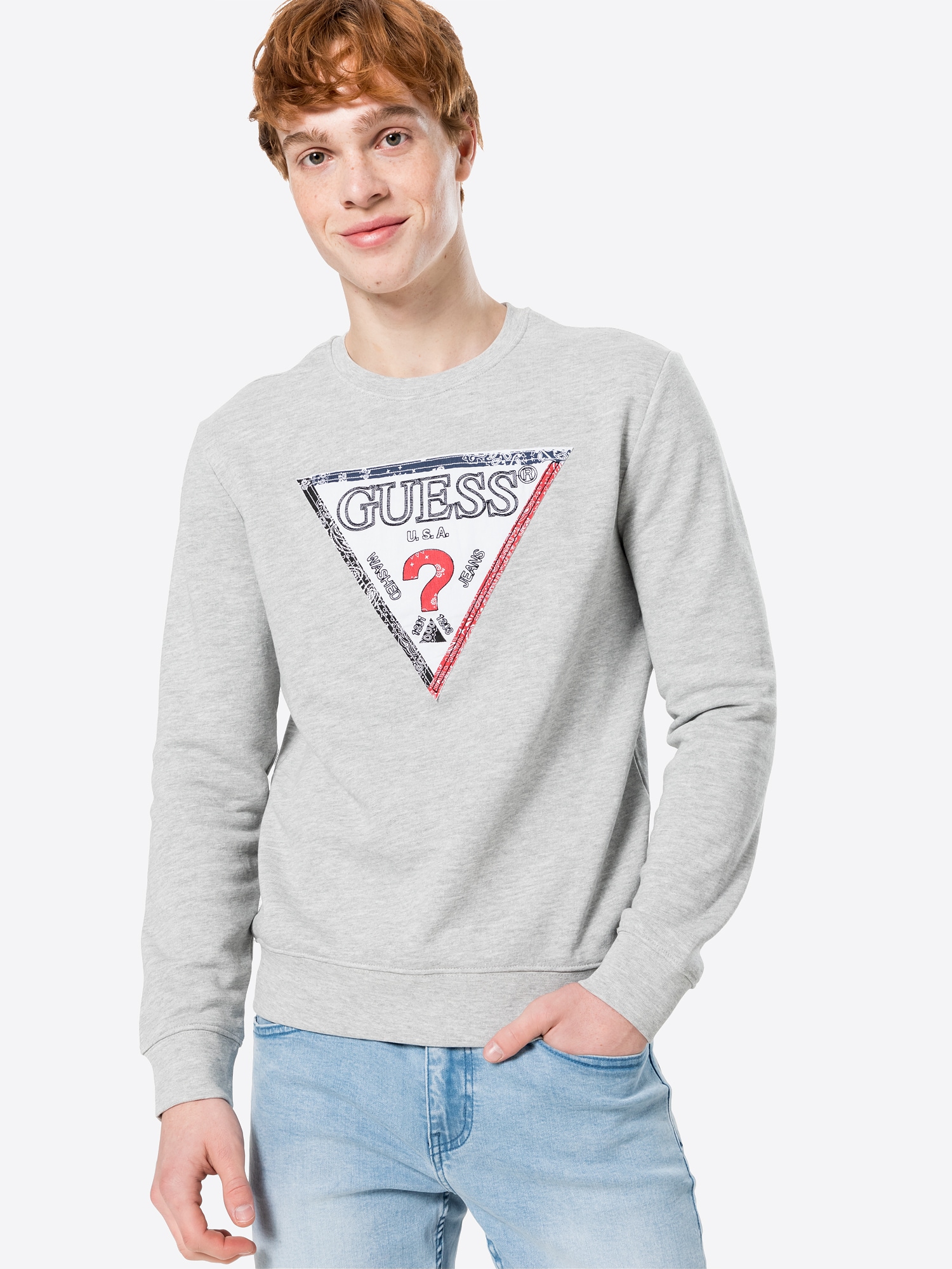 GUESS Sweatshirt 'LENOX'  grey mottled / white / navy / red