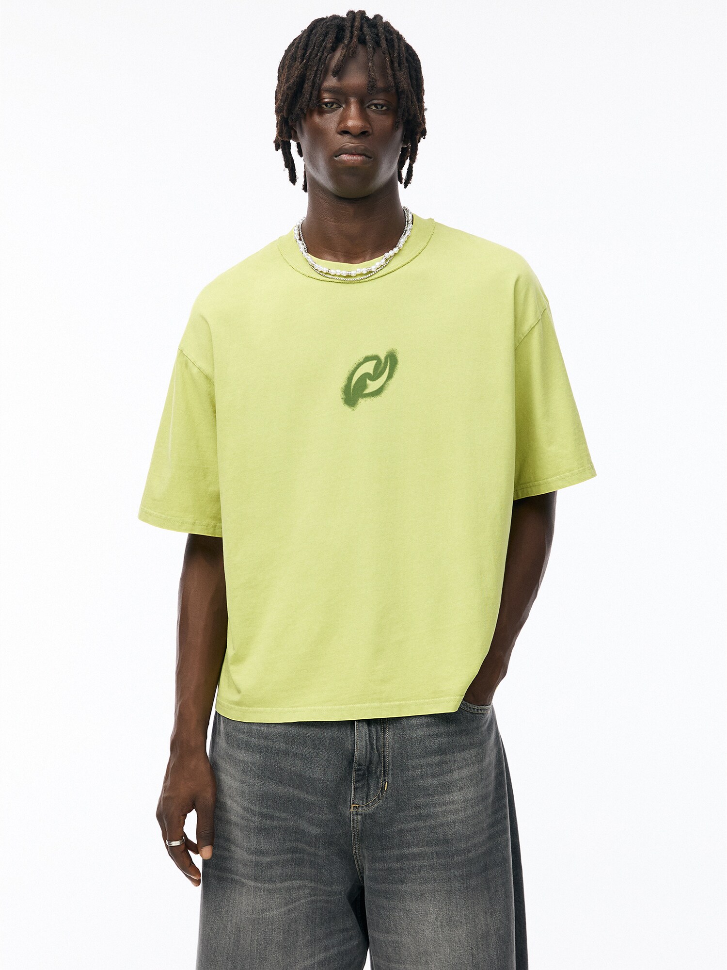 Pull&Bear Póló  szürke / citromzöld termék 2. képe