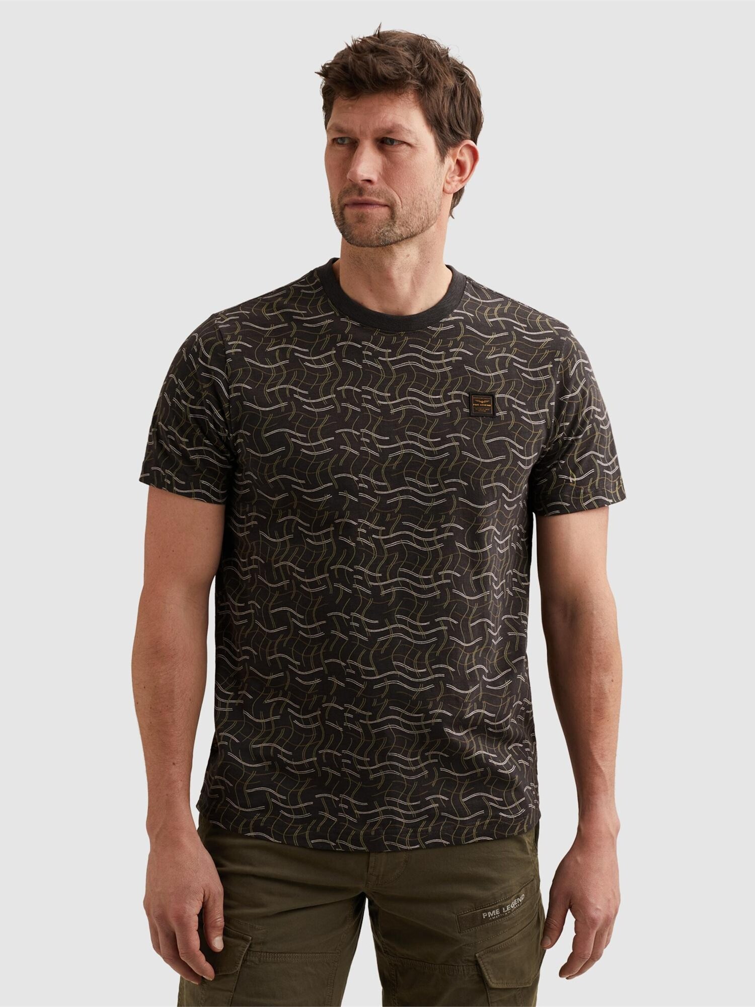 Pme Legend Shirt 'Pme Legend - T-shirt In Slub Jersey With Allover Print And Badge' Donkergrijs