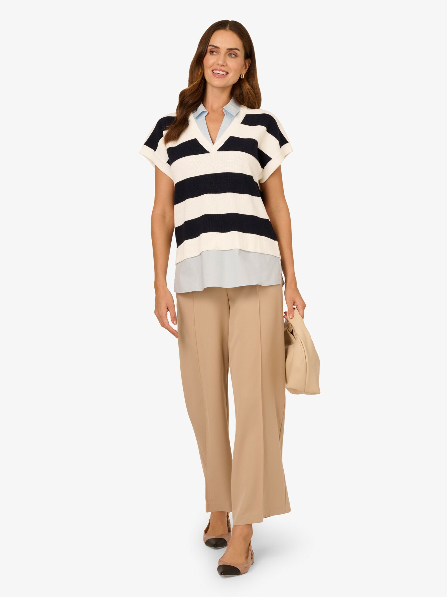 Thumbnail - Adrianna Papell Kurzärmeliges Strick-Top Rugby Striped V-Neck Vest Twofer Sweater w/Woven Combo