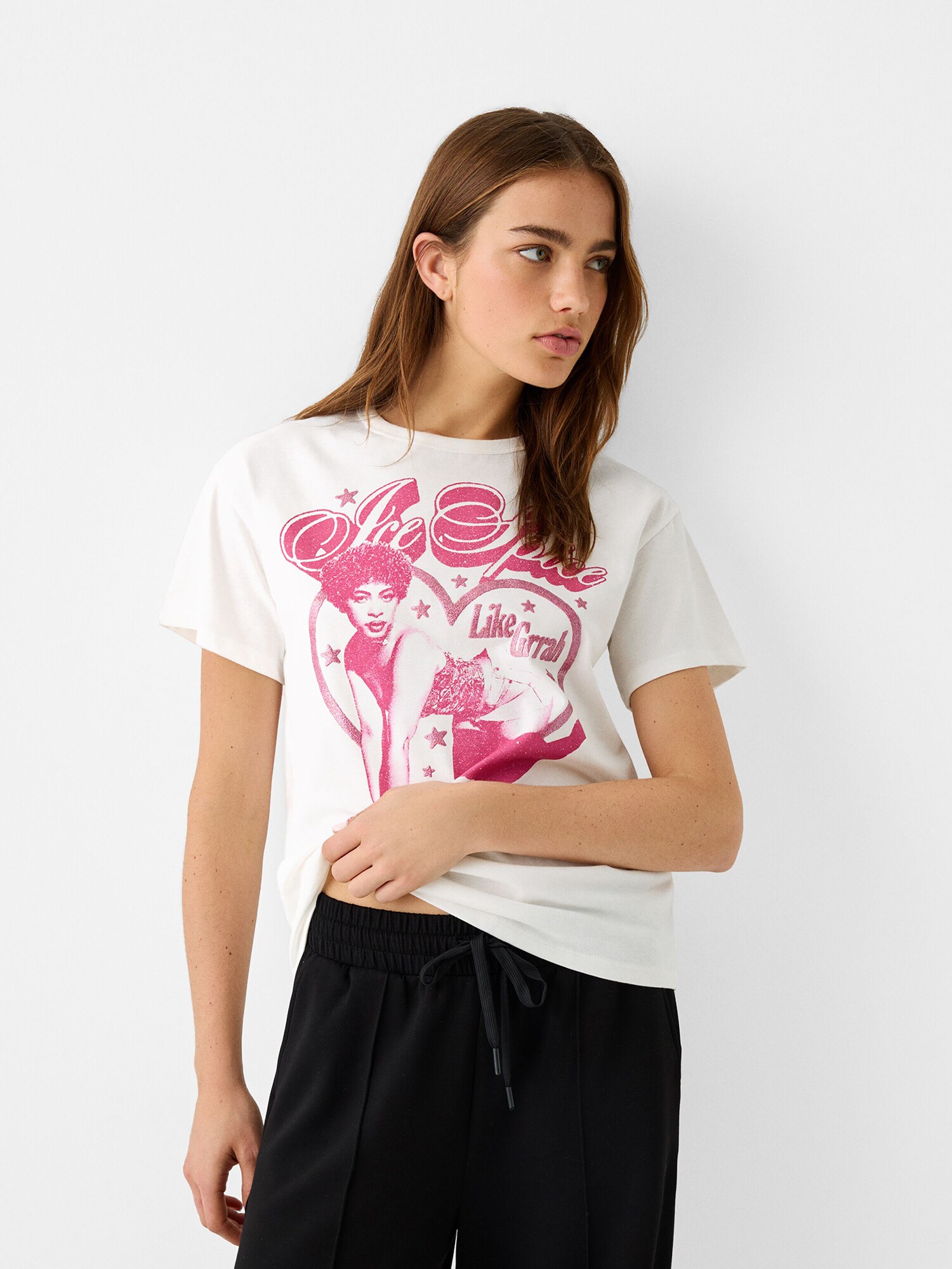 Bershka Póló  rózsaszín / piszkosfehér termék 2. képe