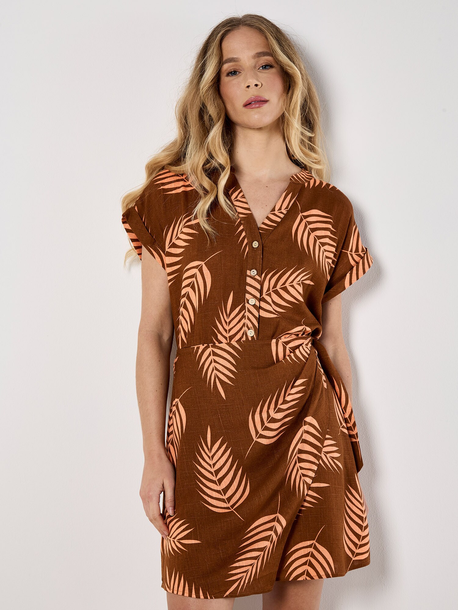 Thumbnail - Apricot Tropical Leaf Wrap Mini Dress
