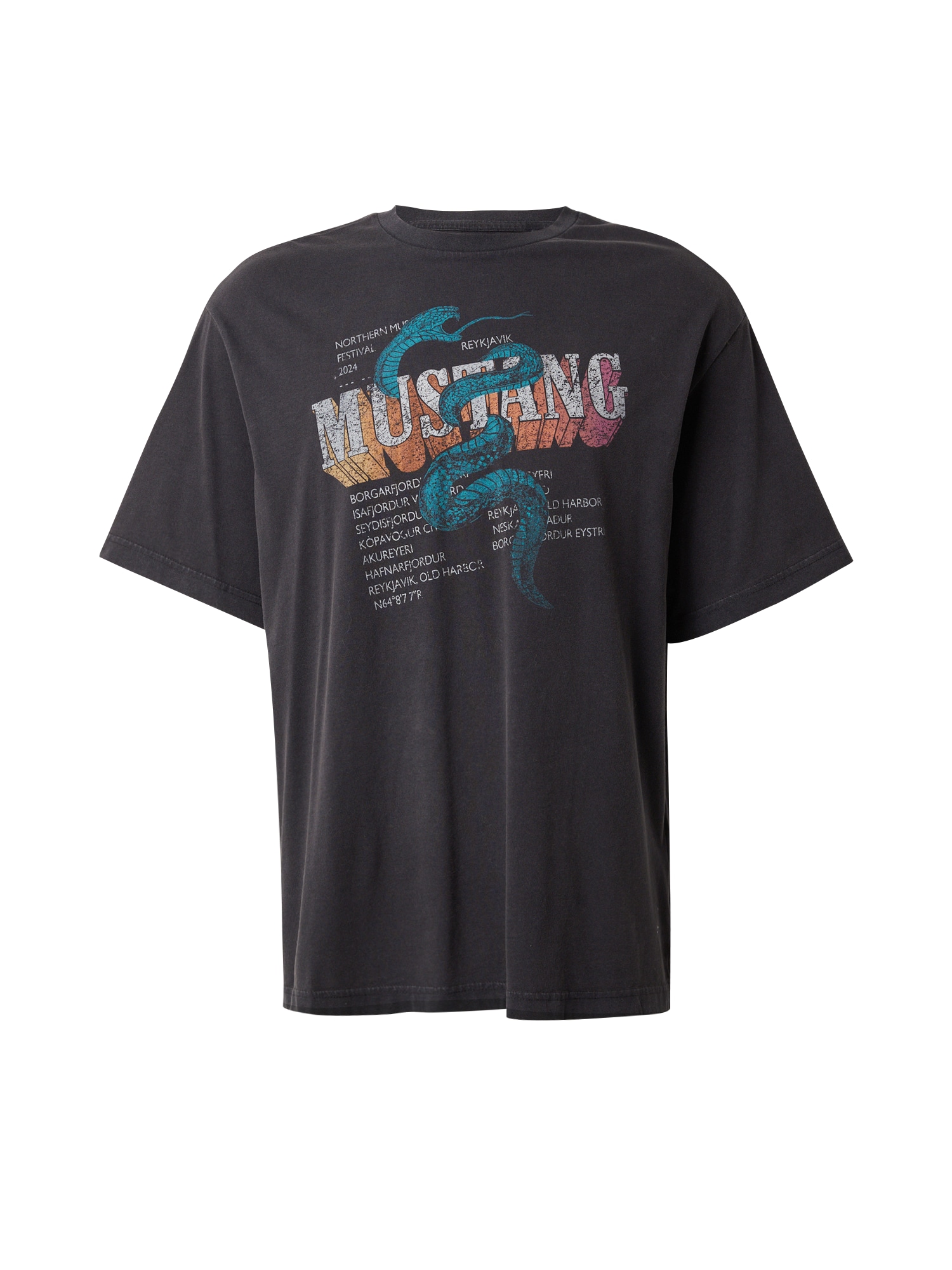 MUSTANG T-Shirt 'AKRON' grau / smaragd / orange / schwarz