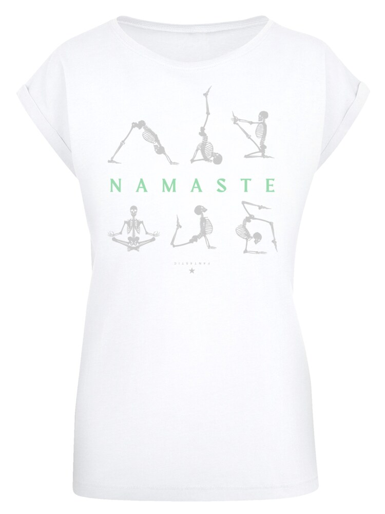 F4NT4STIC Shirt 'Namaste Yoga Skelett Halloween' Damen Größe XS stone / hellgrün / weiß