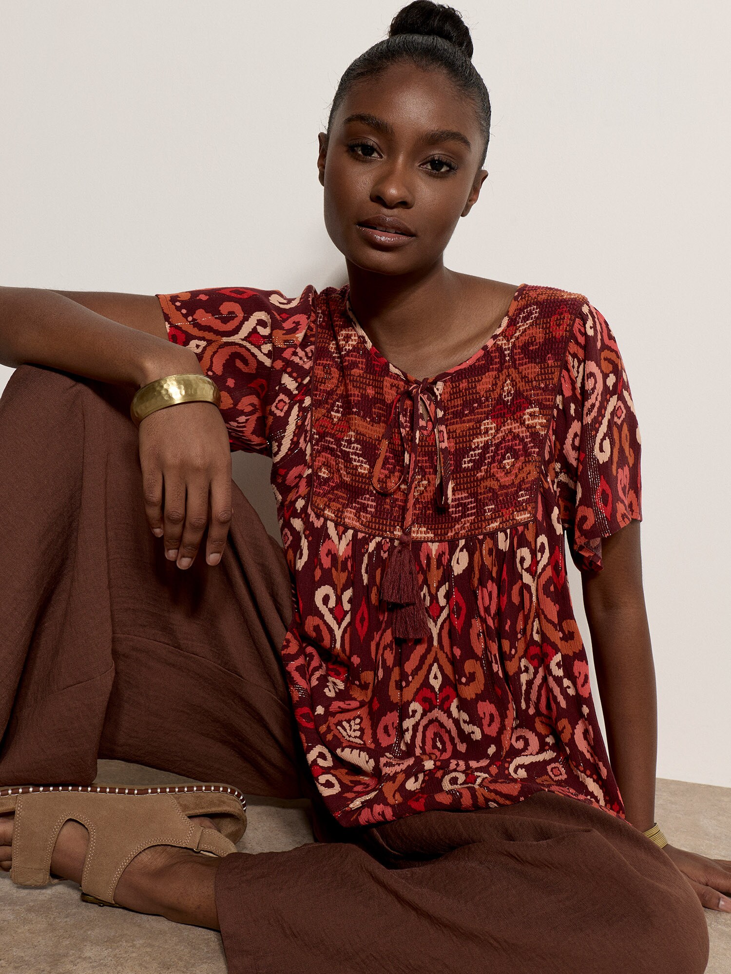 Apricot Ikat Shimmer Embroidered Babydoll Blouse