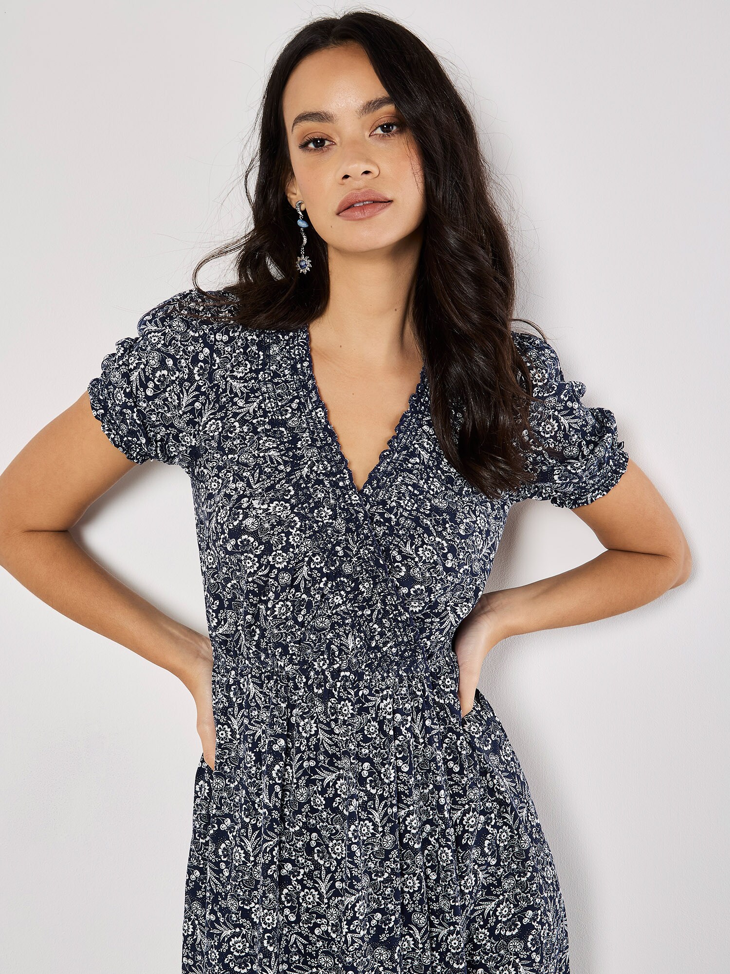 Thumbnail - Apricot Floral Fruit Wrap Midi Dress