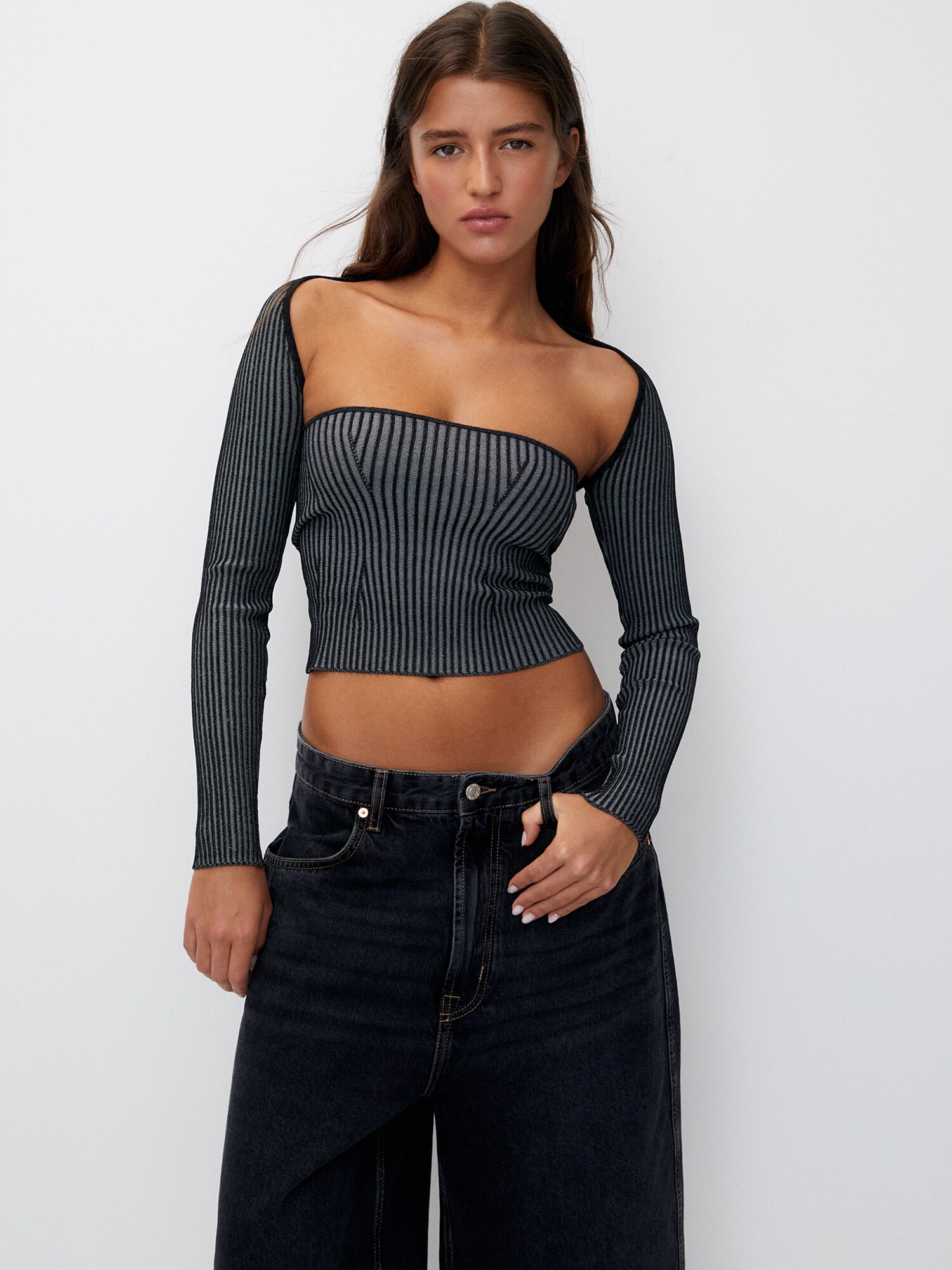 Pull&Bear Stick felső  szürke / fekete termék 2. képe