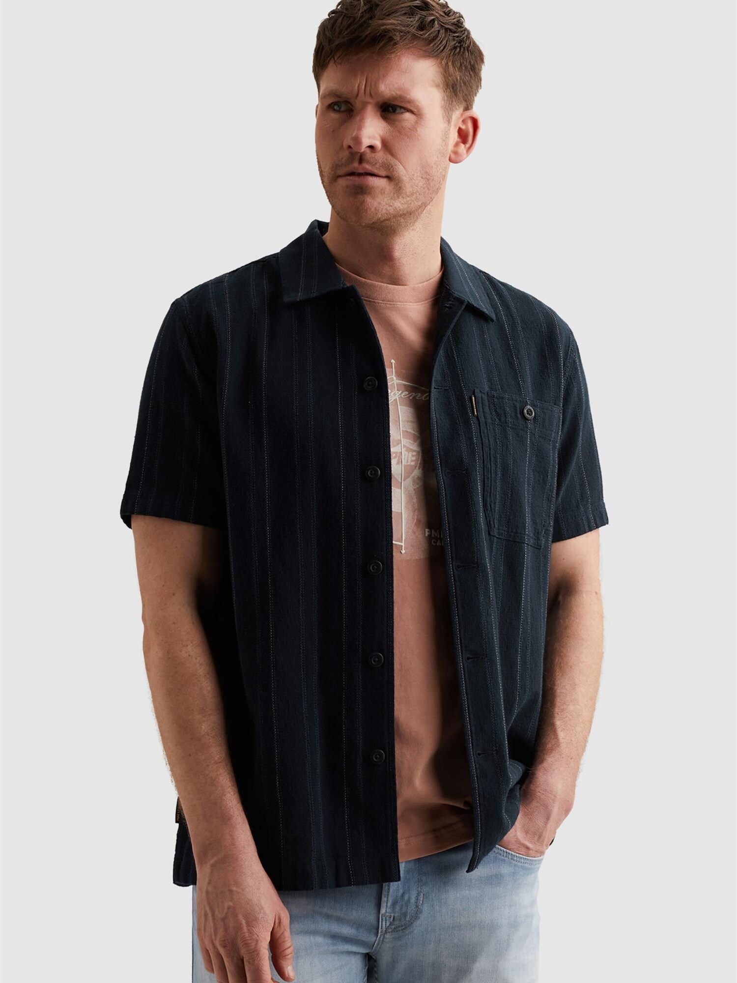 Skjorta 'Shirt with short sleeves and woven stripe pattern'