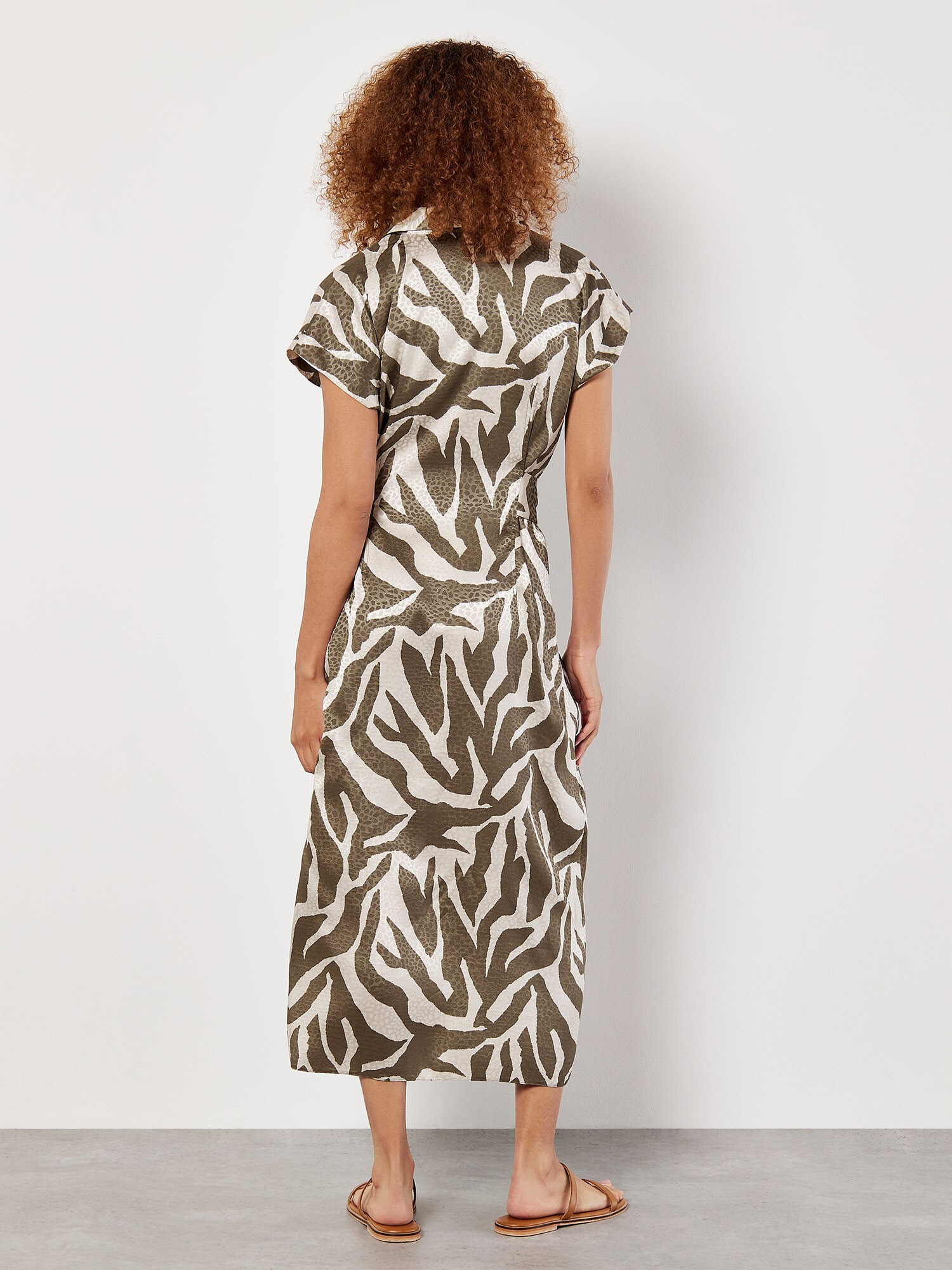 Thumbnail - Apricot Textured Satin Zebra Print Midi Dress