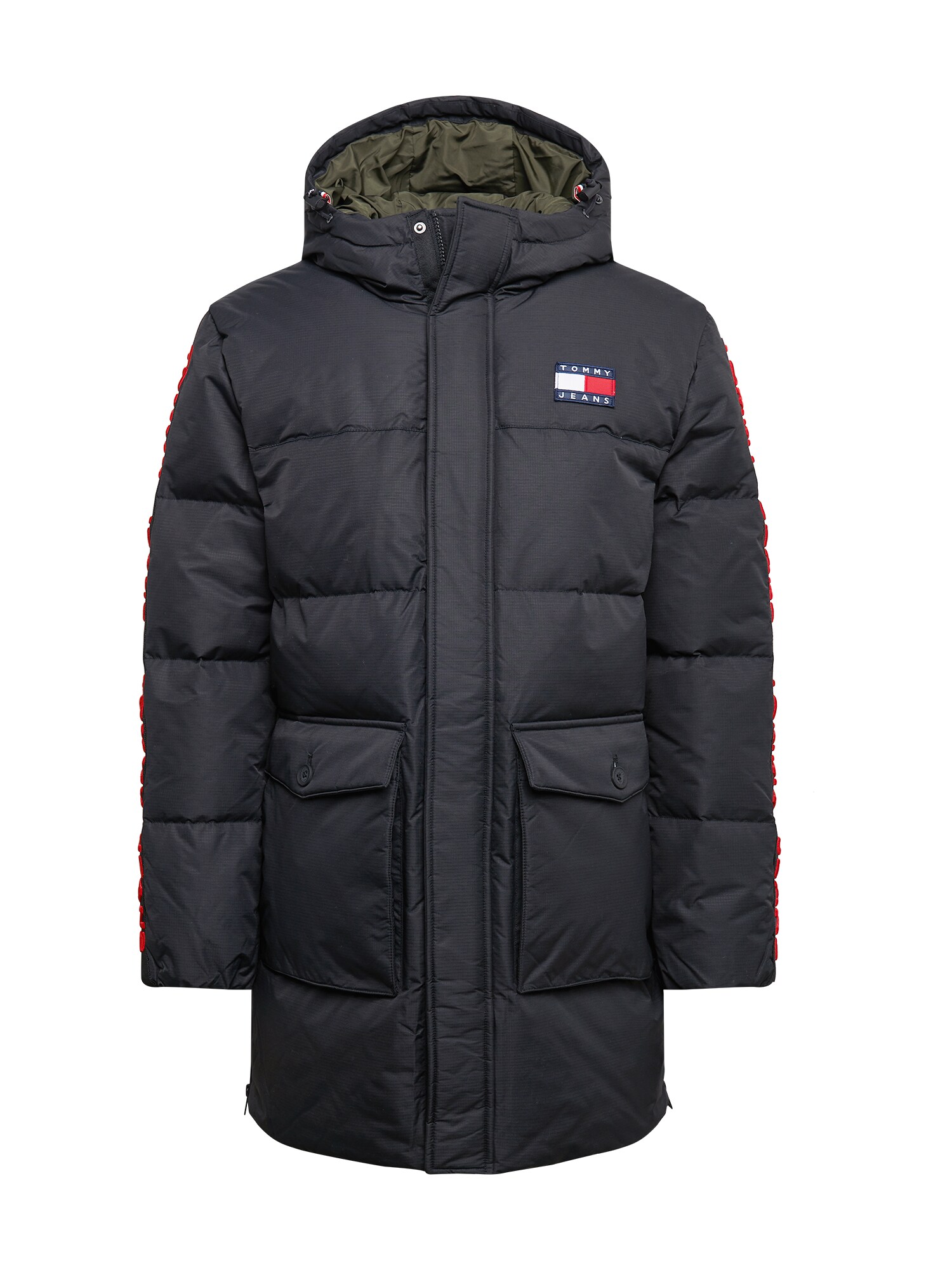 Tommy Jeans Ilga žieminė striukė  juoda / raudona