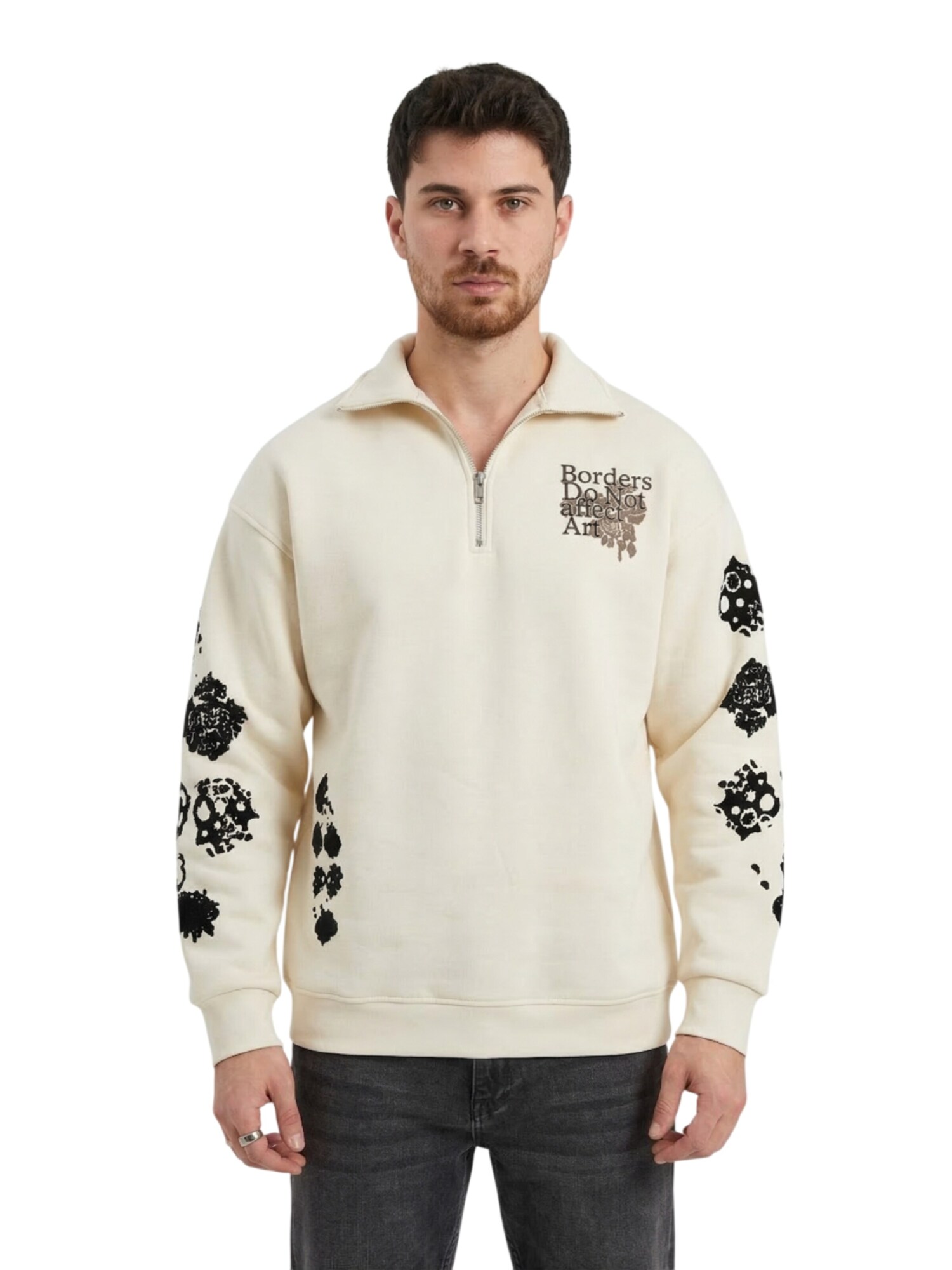 Kleidermafia Sudadera 'Oversize Half-Zip Graphic Sweatshirt - Beige' beige