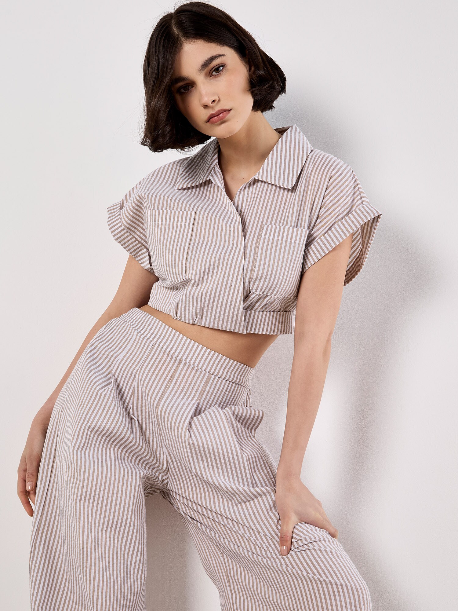 Apricot Stripe Shirt Crop Top
