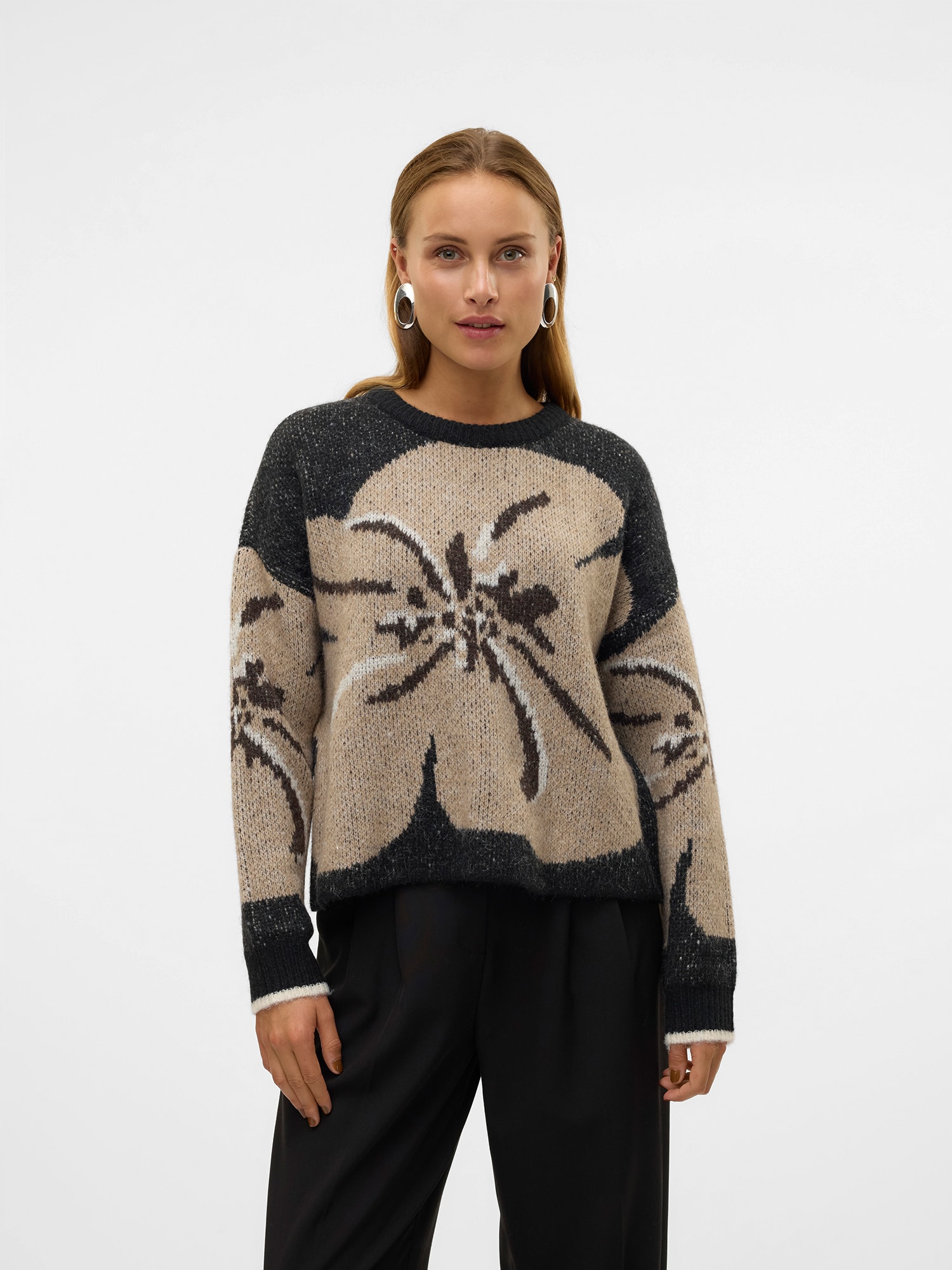 VERO MODA Pulóver 'MAdison'  világosbarna / fekete / gyapjúfehér termék 2. képe