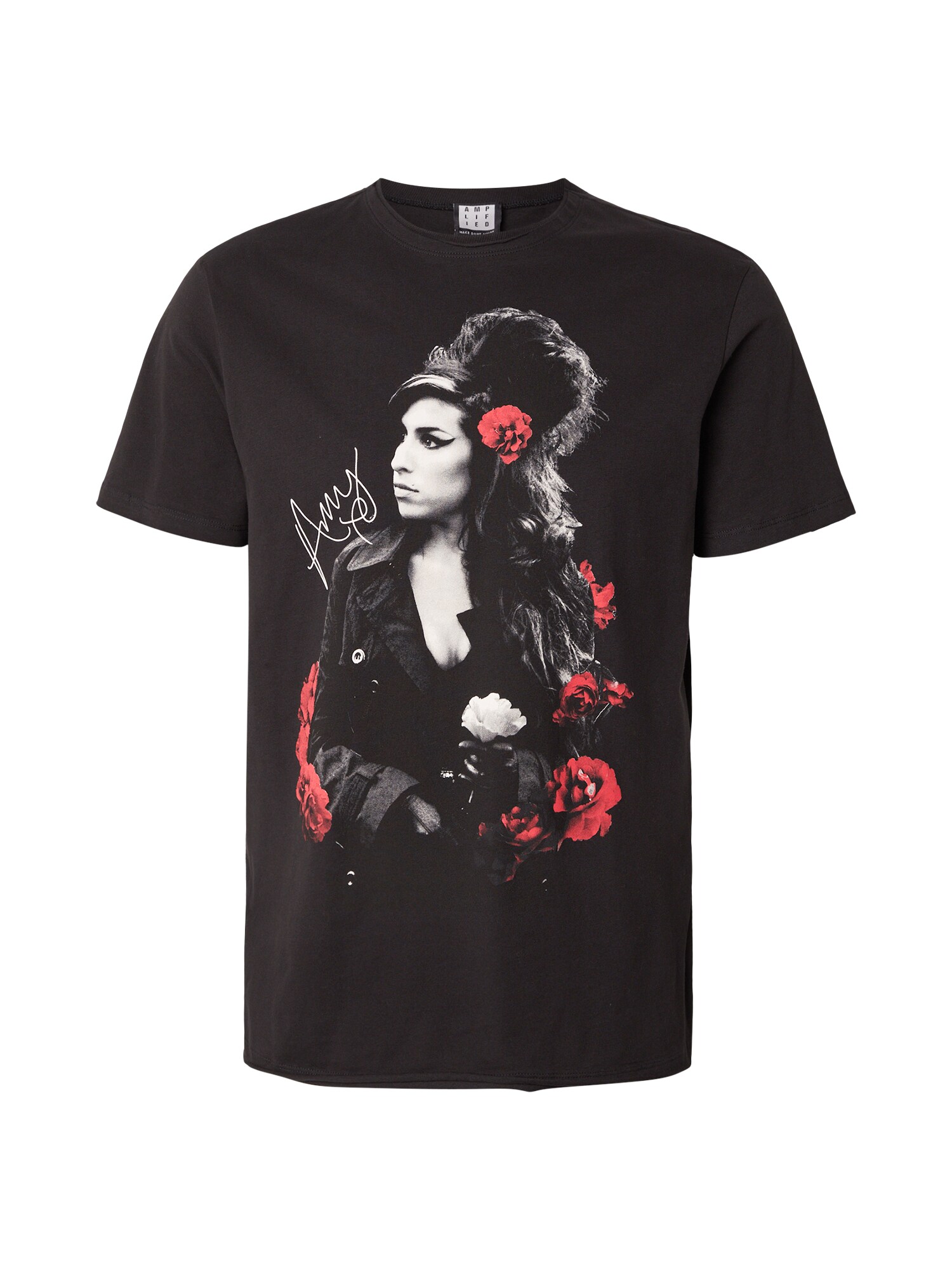 AMPLIFIED Tricou 'AMY WINHOUSE-POSES WITH ROSES'  gri / roșu / negru