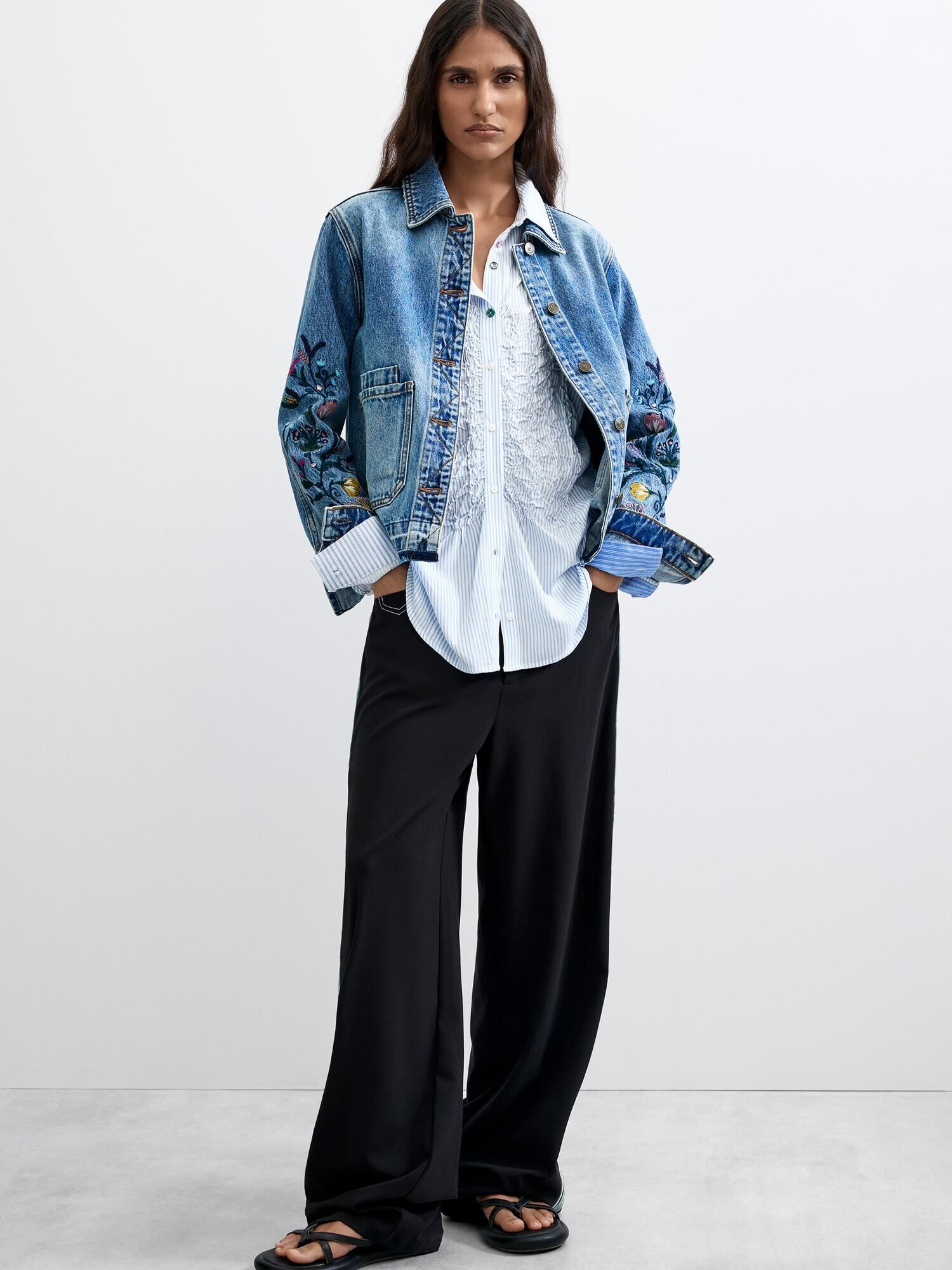 Desigual Prechodná bunda  modrá denim / žltá / jedľová / ružová