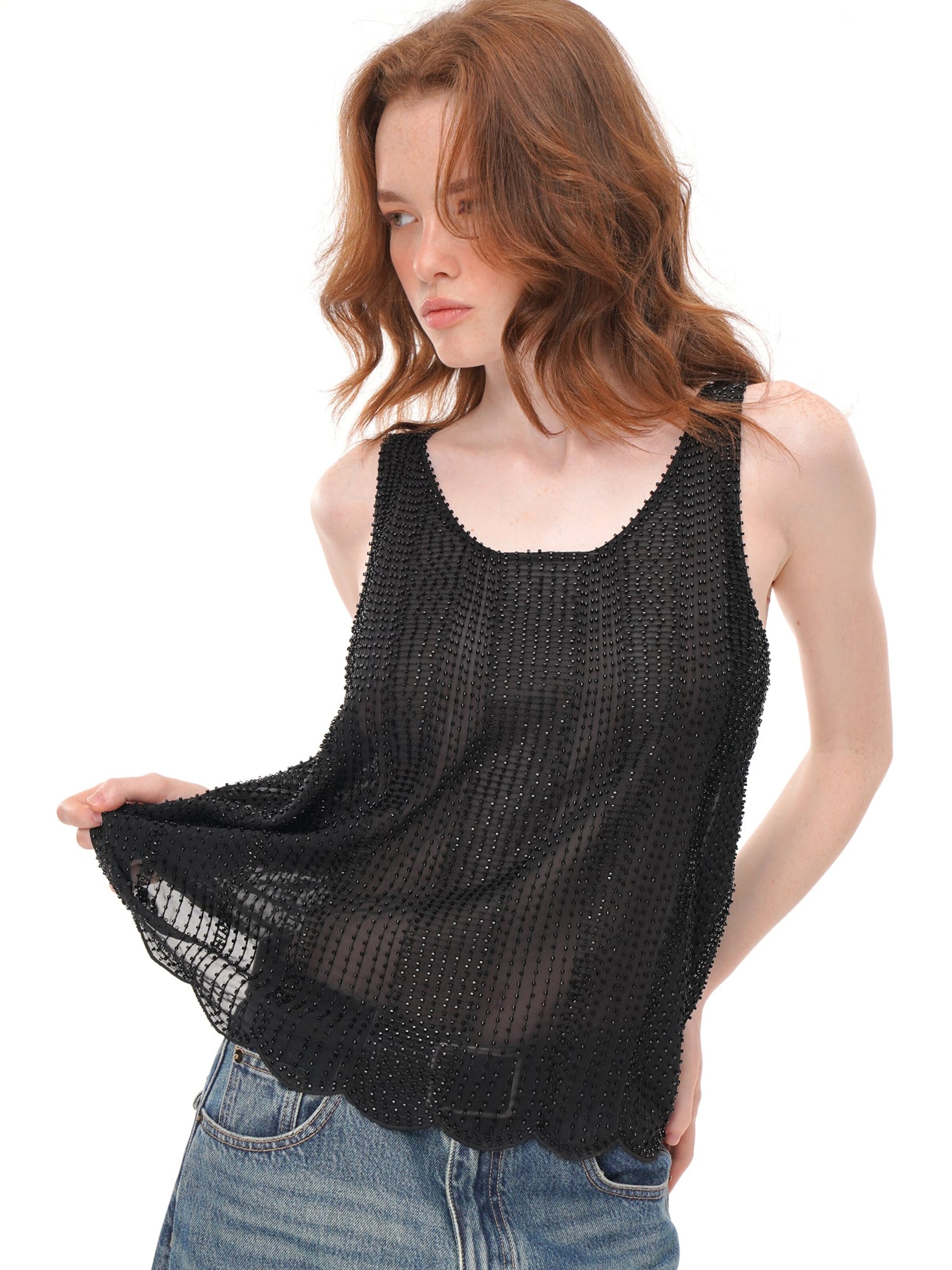 Yoligex T-shirt 'Black Sheer Rhinestone Bow Strap Cami Top' dam