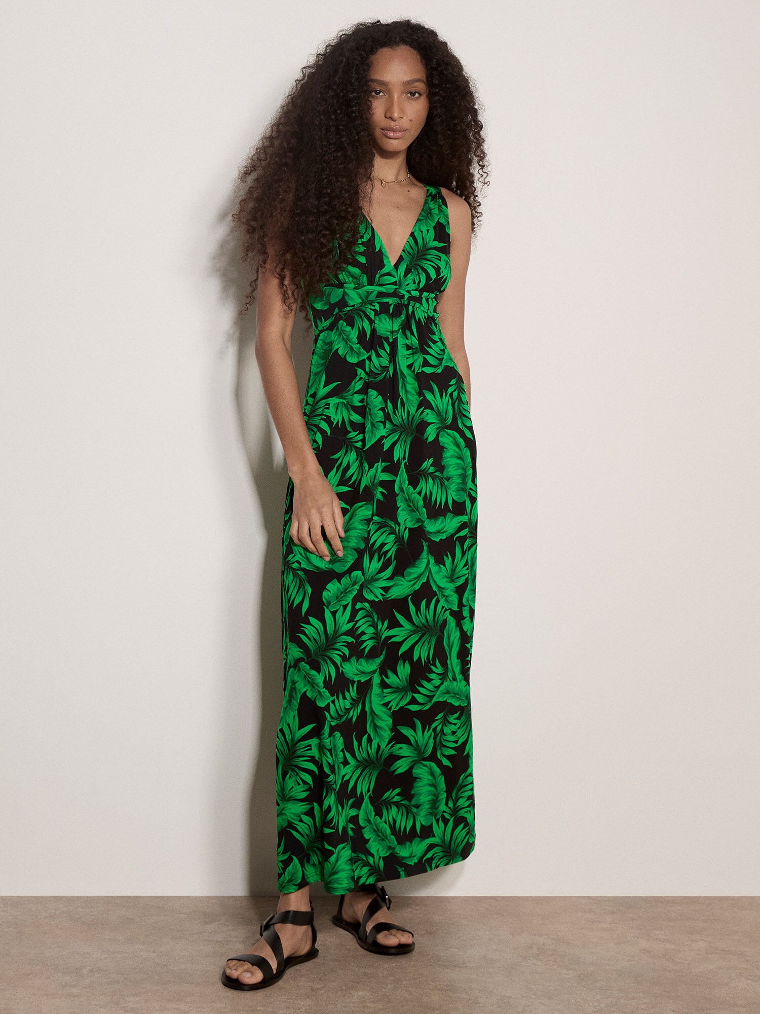 Apricot Tropical Leaf Jersey Maxi Dress