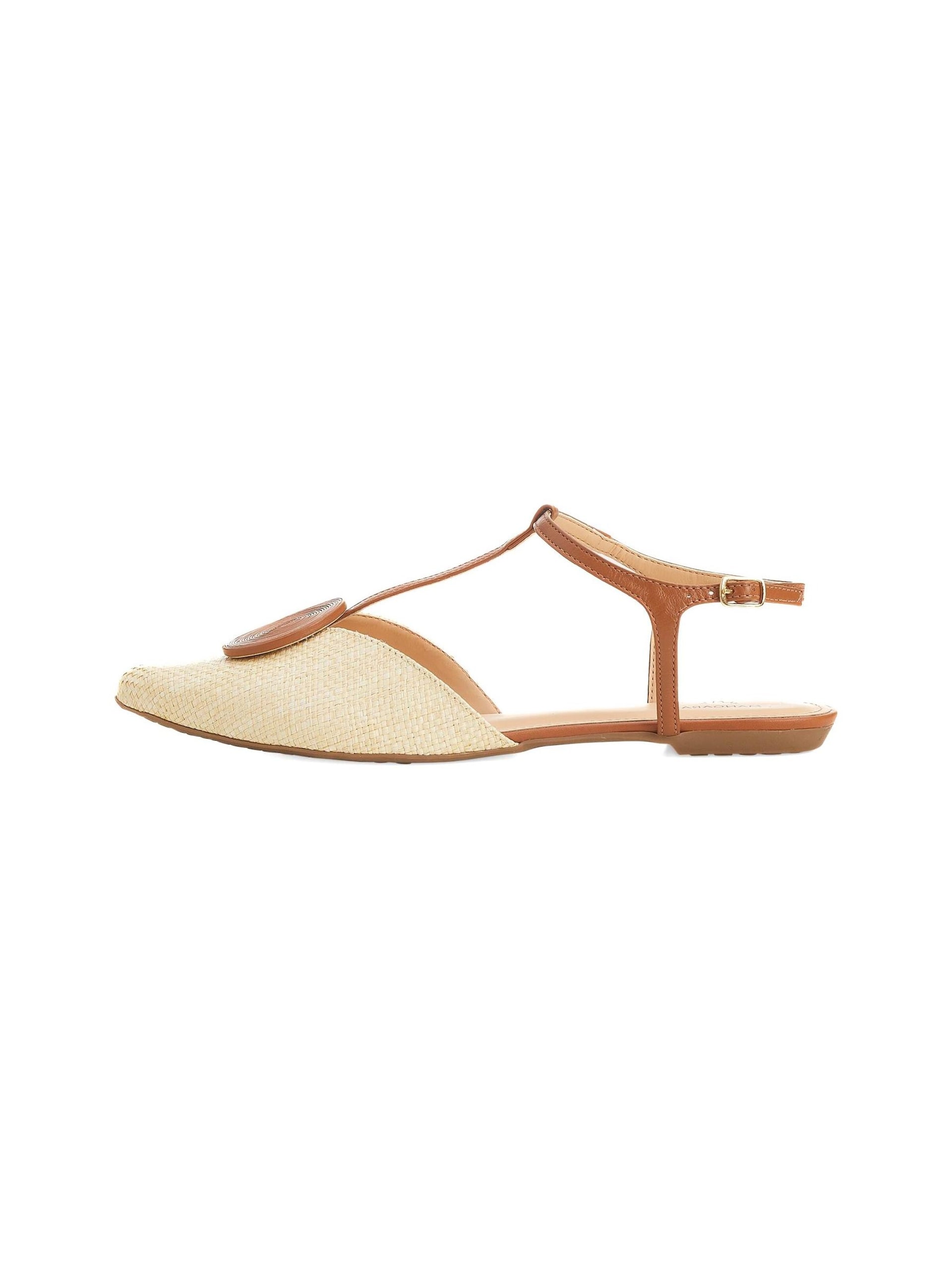 Mangara Atelier Tådelare 'Acerola Damen T-Bar Sandalen Raffia Leder Beige Flach' sandaler