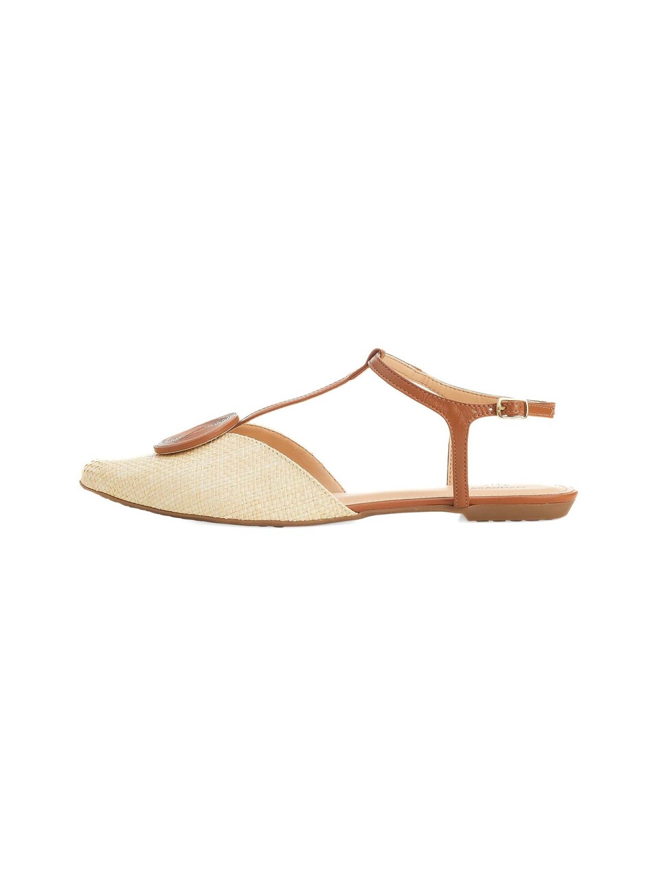Tådelare 'Acerola Damen T-Bar Sandalen Raffia Leder Beige Flach'