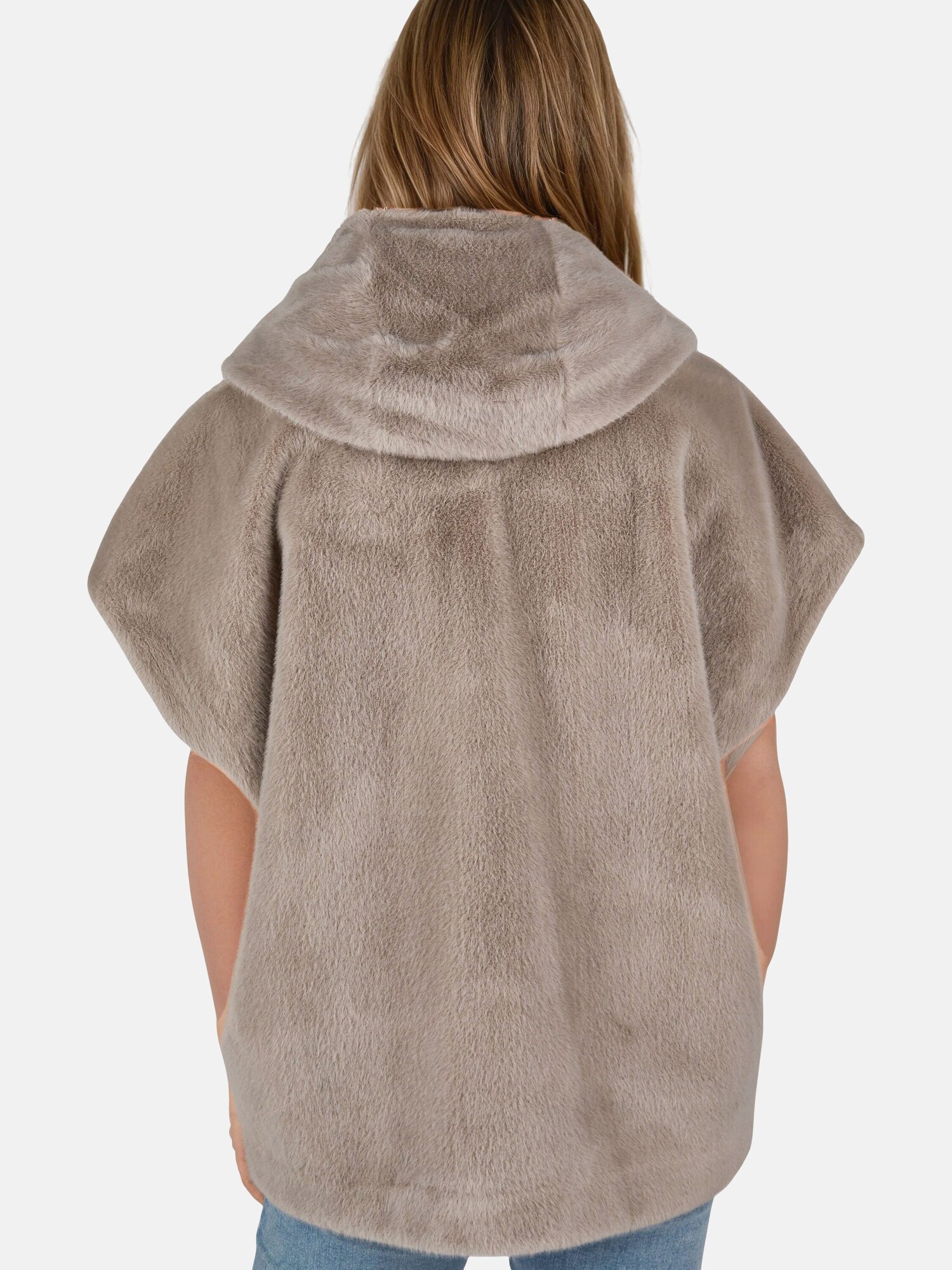 Thumbnail - White Label Poncho-Weste mit angeschnittener Kapuze aus Kunstfell, Länge Gr. 38 ca. 70 cm