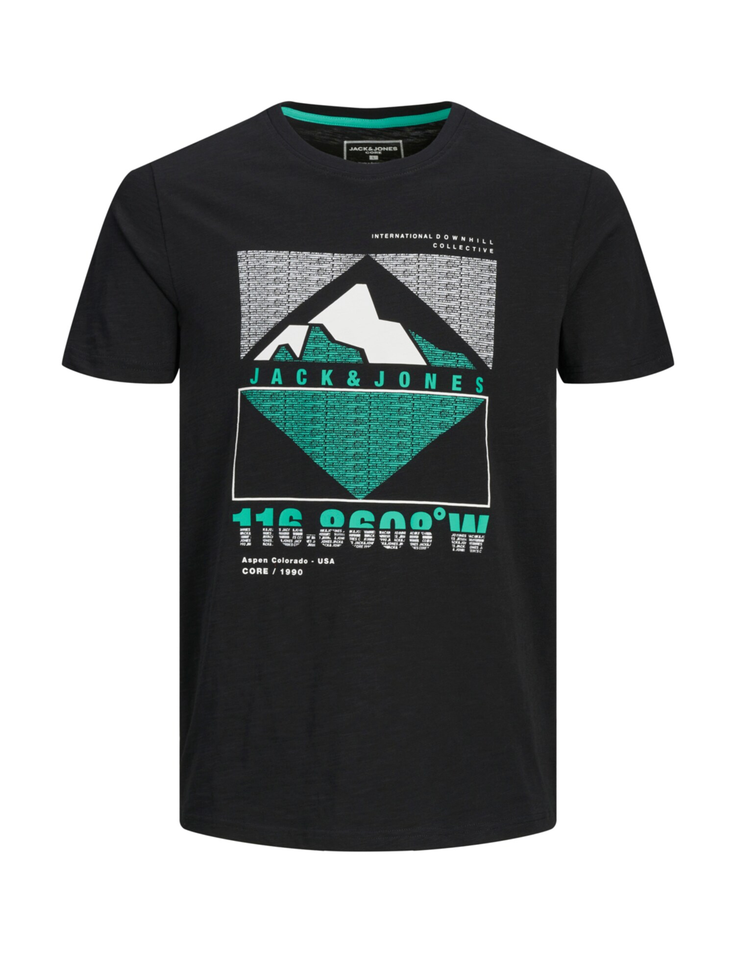 JACK & JONES Marškinėliai 'JCOCHRIS-GIBS TEE SS CREW NECK'  juoda / balta / tamsiai mėlyna jūros spalva