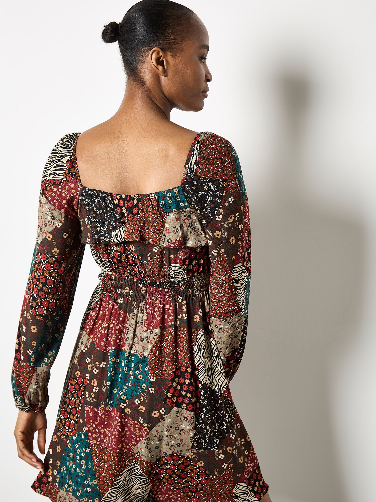 Thumbnail - Apricot Patchwork Print Boho Mini Dress