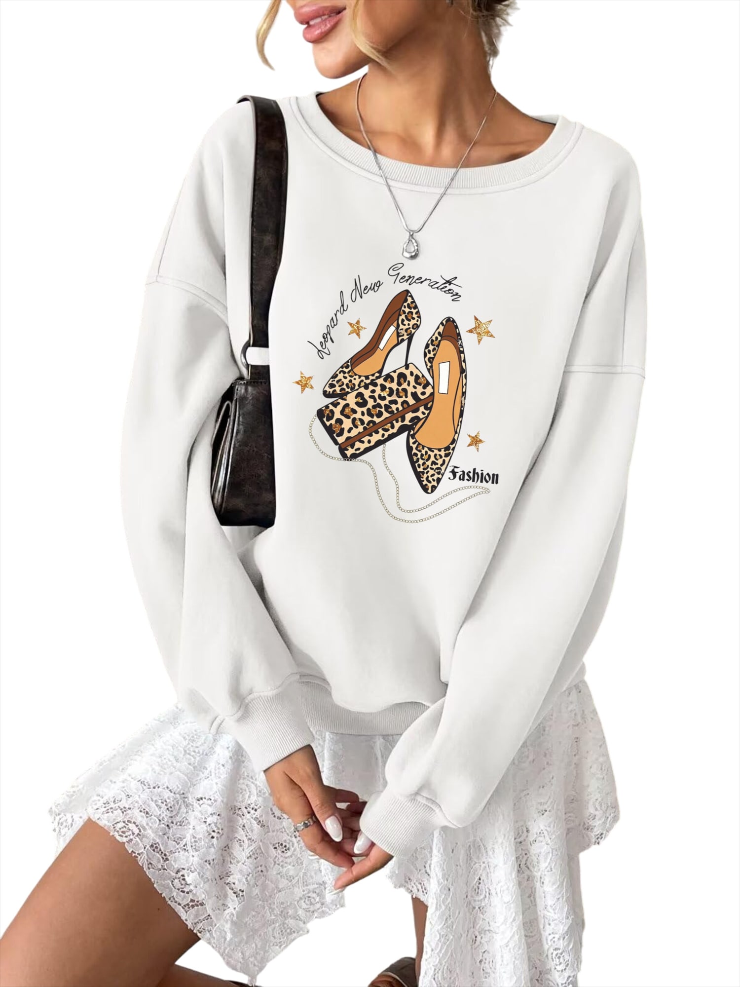 GORHEY Sudadera 'Women's Crew Neck Oversized Sweatshirt with Leopard Print' blanco