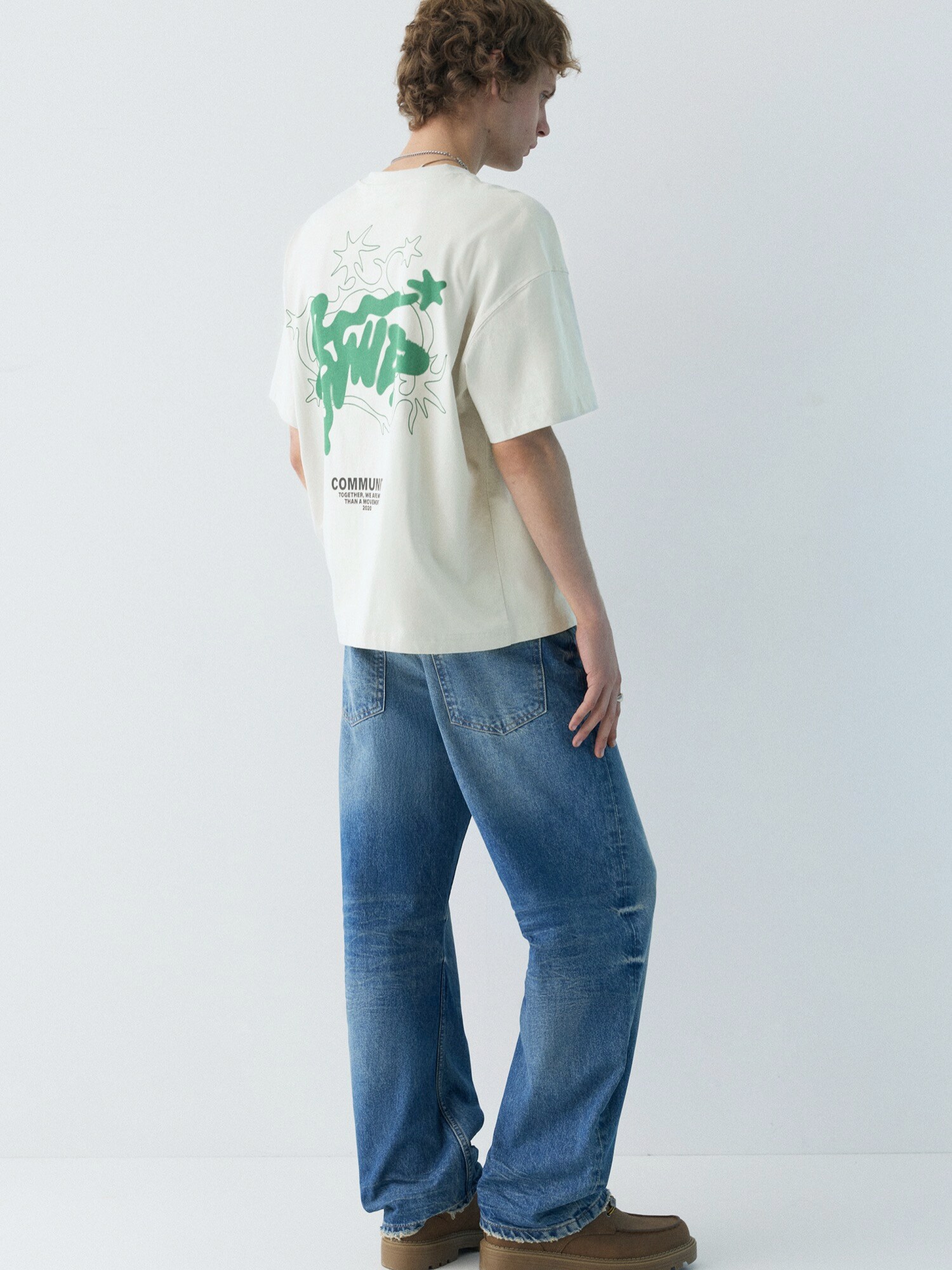Pull&Bear Tričko 'STWD COMMUNITY'  krémová / smaragdová / čierna (obrázok 3)