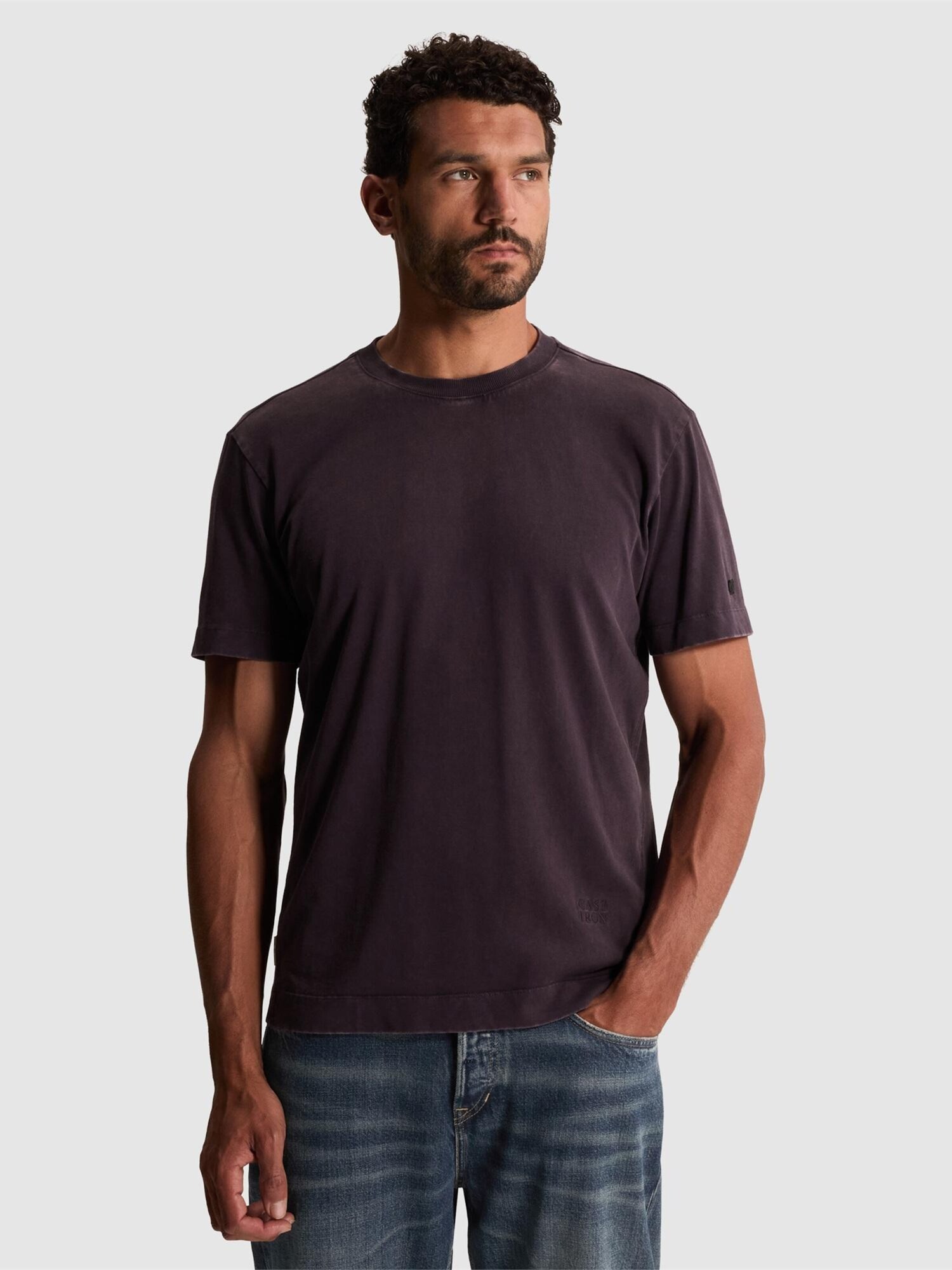T-shirt 'T-shirt with garment-dye wash and off-placed branding'