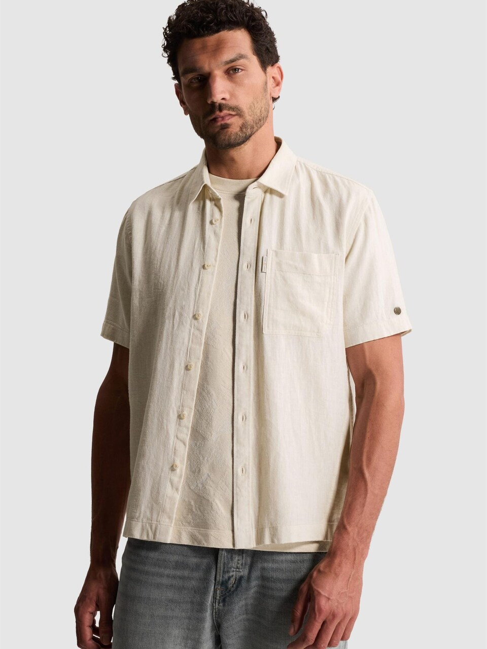 Skjorta 'Shirt with short sleeves in cotton/linen twill'