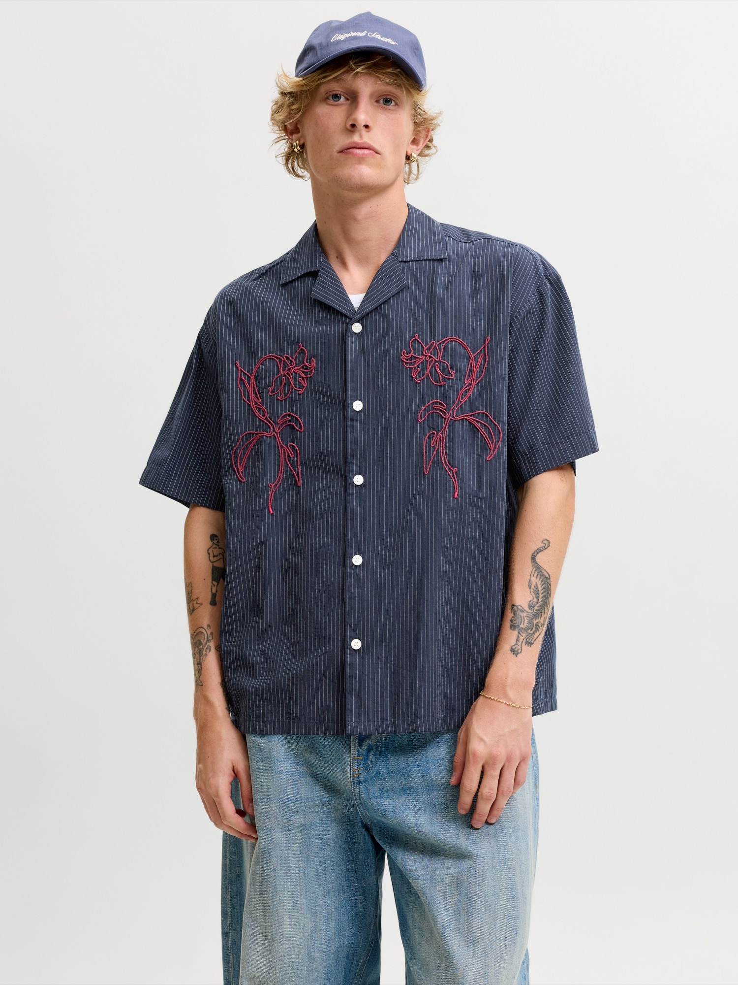 JACK & JONES Košeľa 'JORATOCHA'  tmavomodrá / krvavo červená