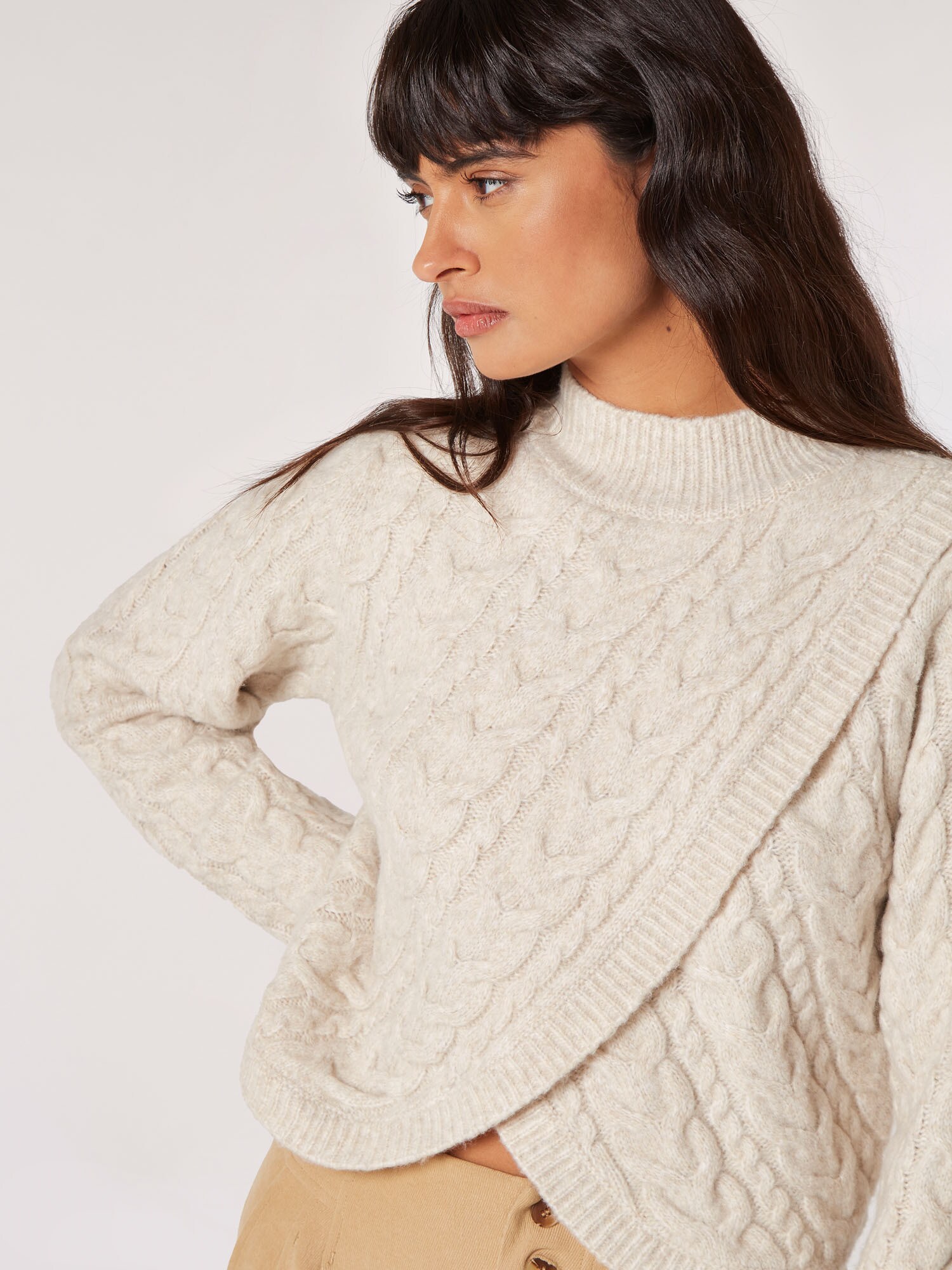 Thumbnail - Apricot Cable Knit Wrap Jumper