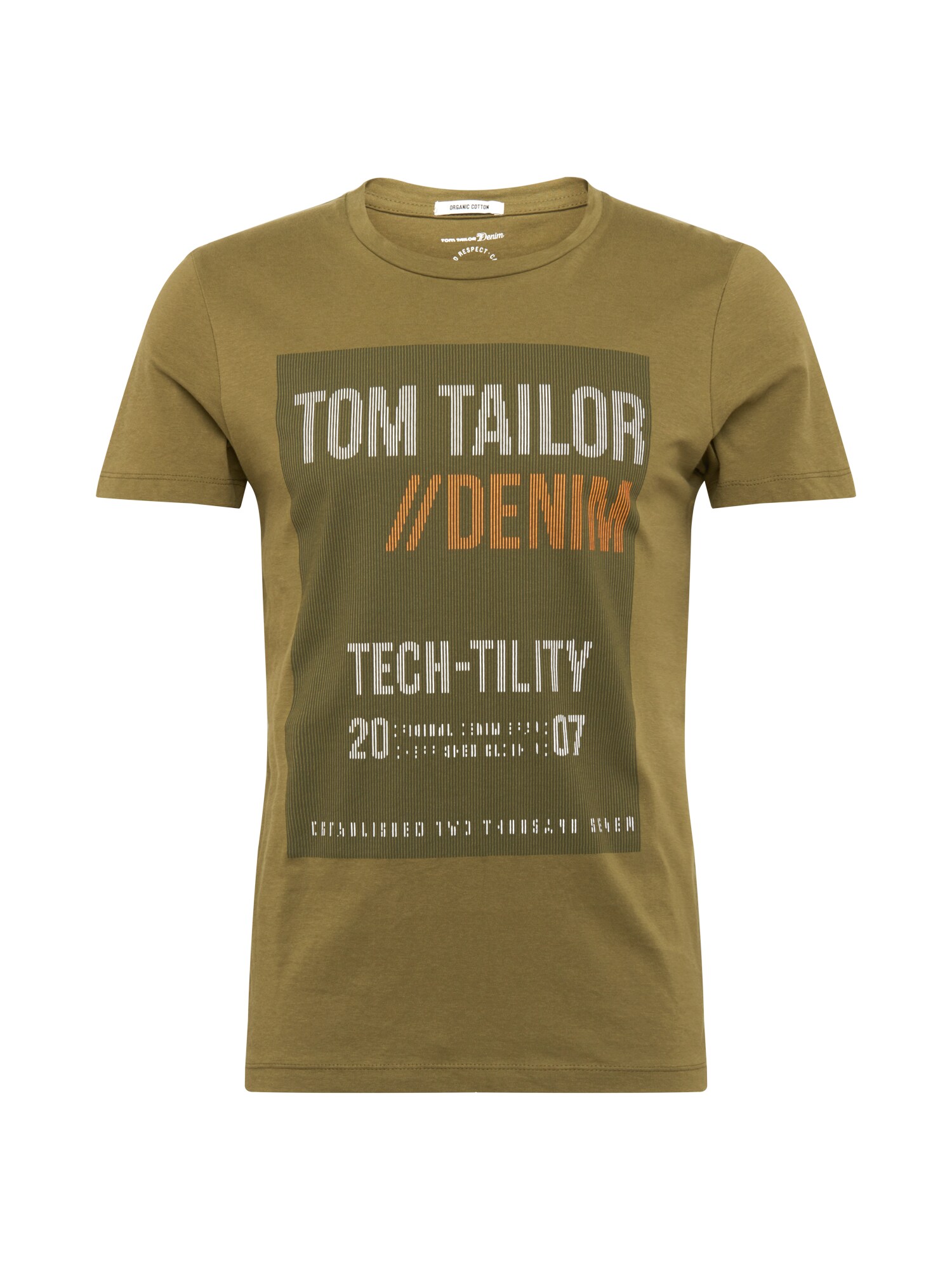 TOM TAILOR DENIM Marškinėliai  alyvuogių spalva / balta / oranžinė