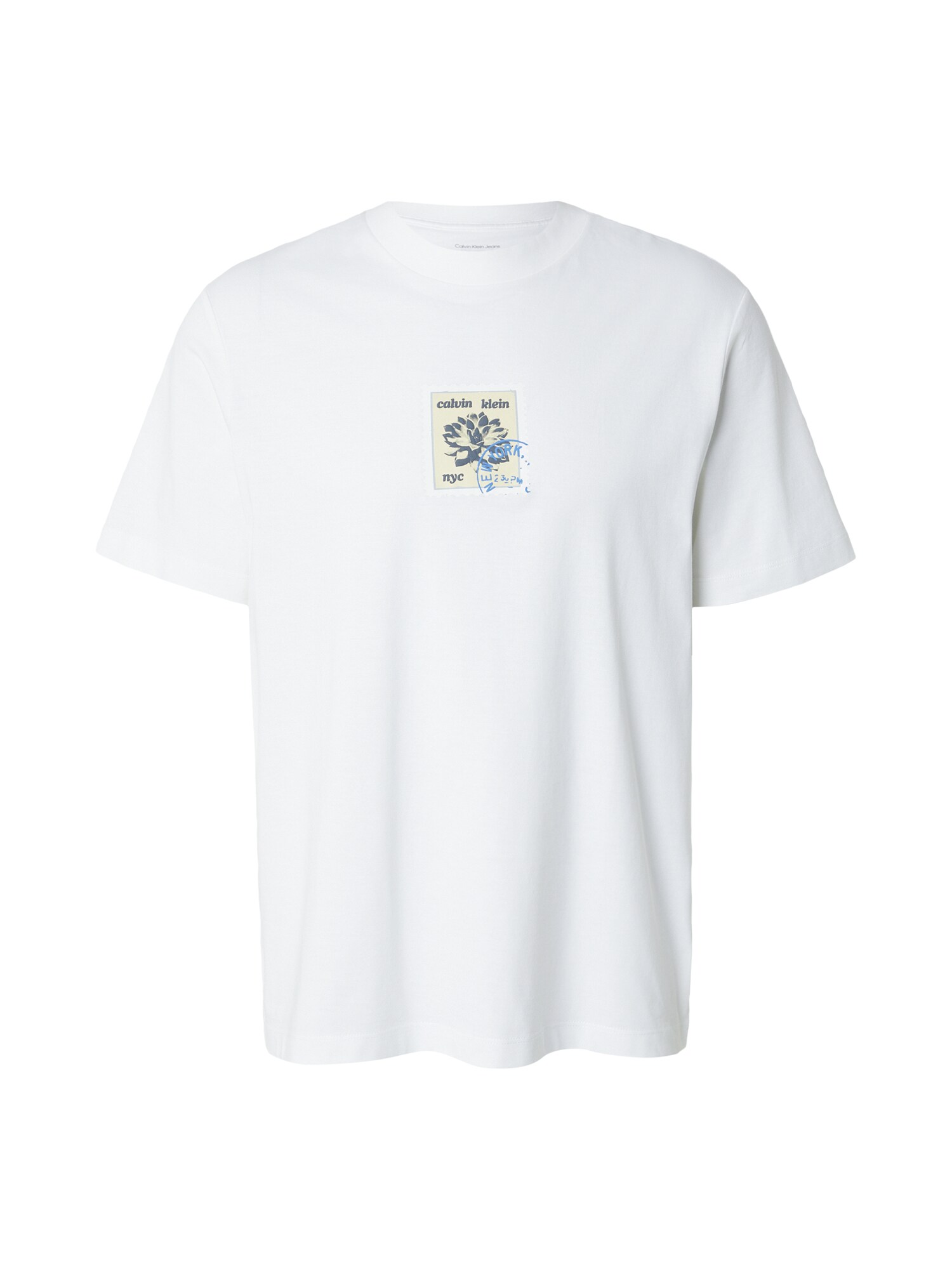 Calvin Klein Jeans Tricou 'Postage Stamp Graphic'  crem / azuriu / gri piatră / alb