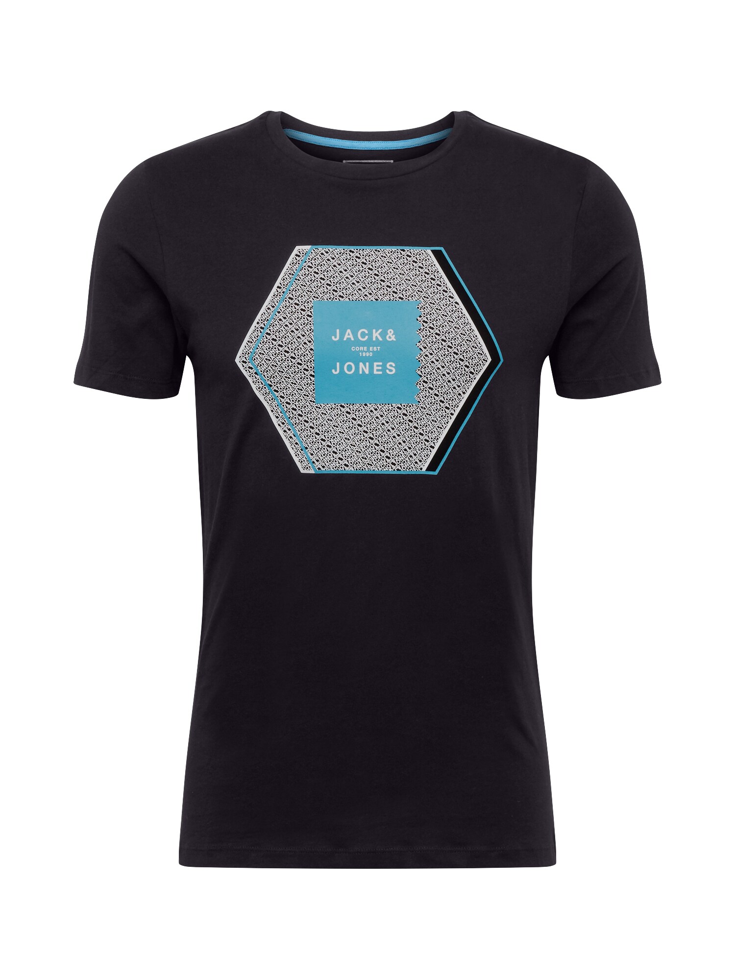 JACK & JONES Marškinėliai 'Booster'  juoda / šviesiai mėlyna / balta