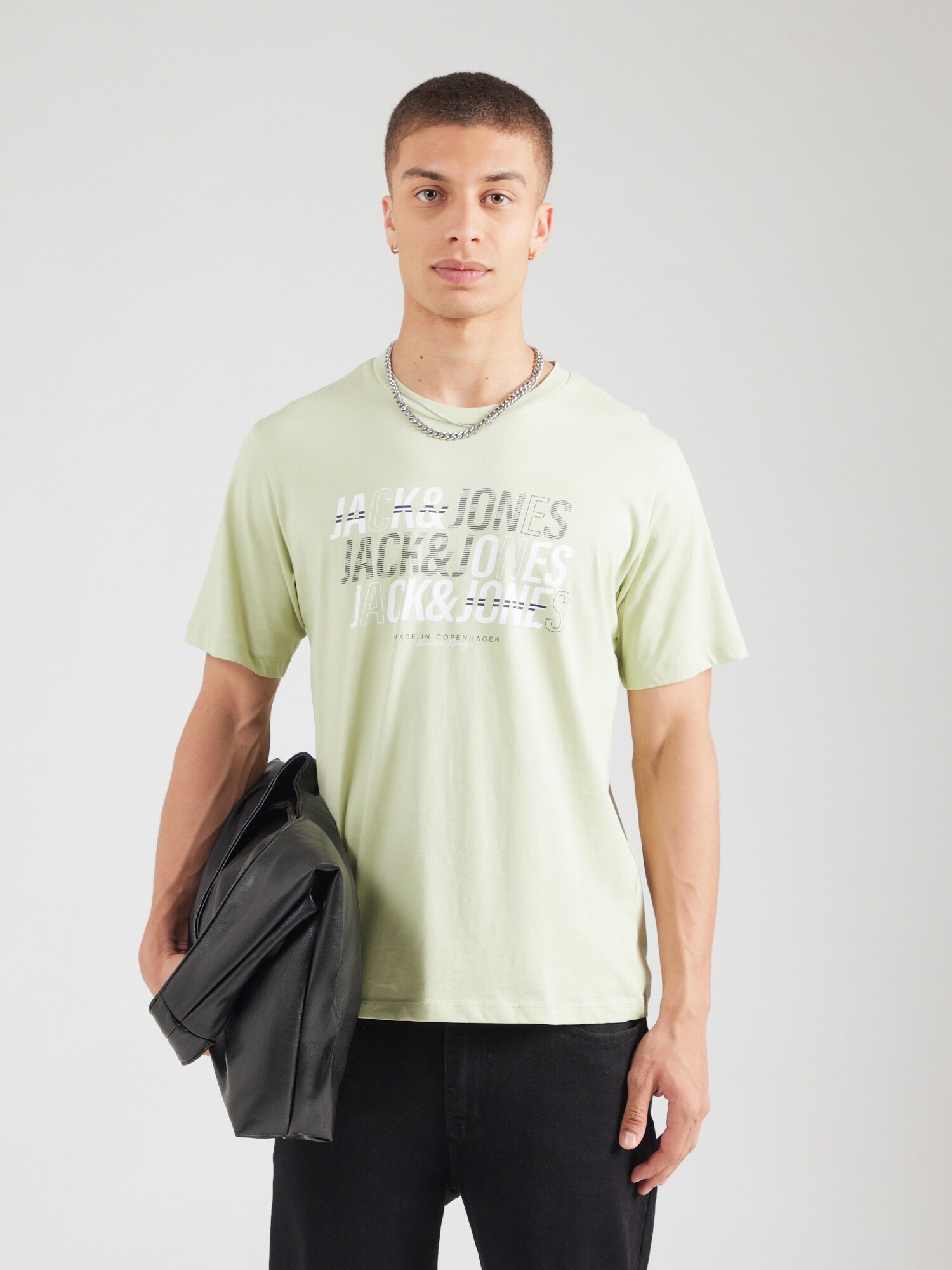 JACK & JONES Póló 'JJNEWDELVIN'  pasztellzöld / fekete / fehér termék 2. képe