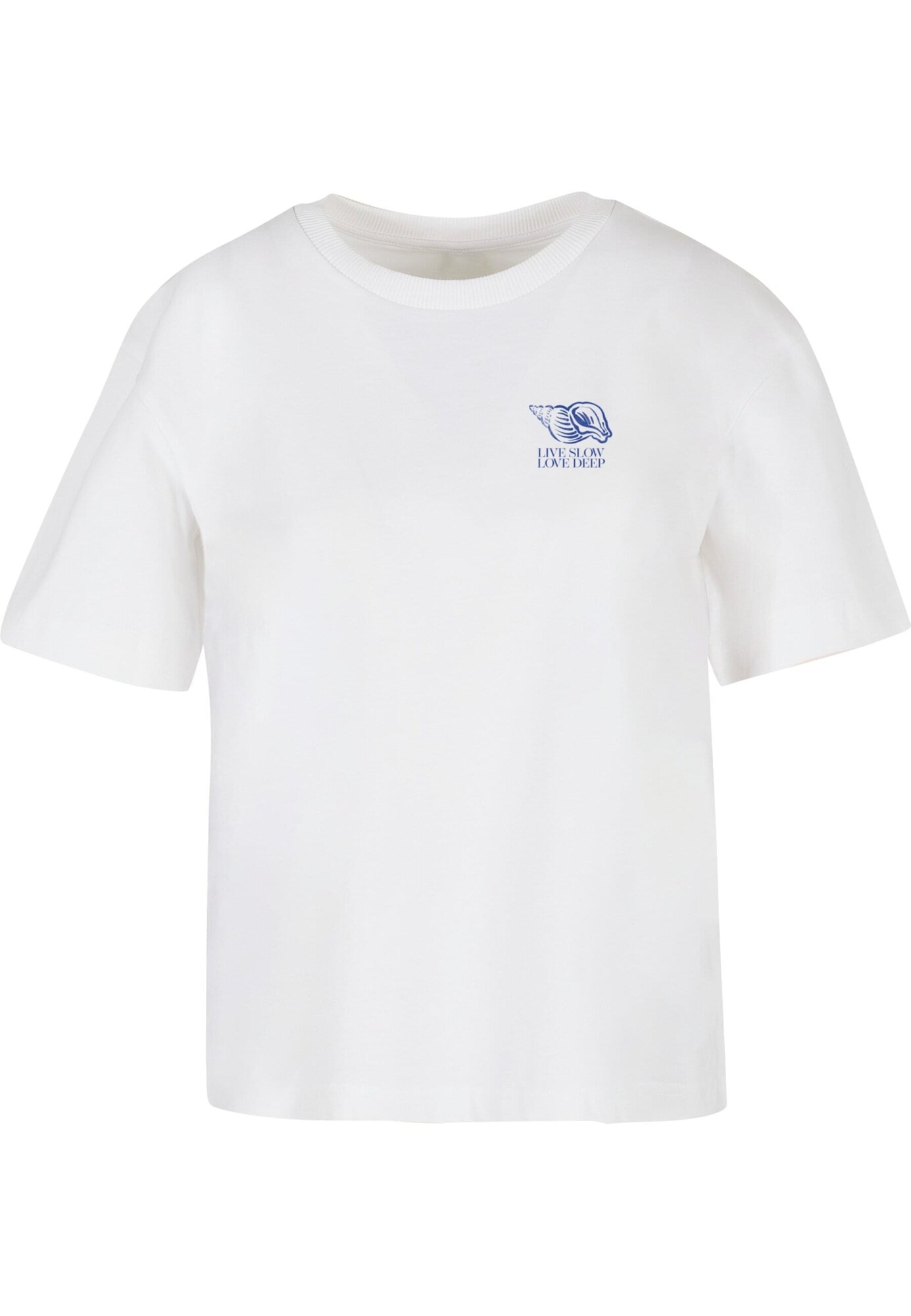 Miss Tee Camiseta 'Live Slow Seashells'  azul / blanco