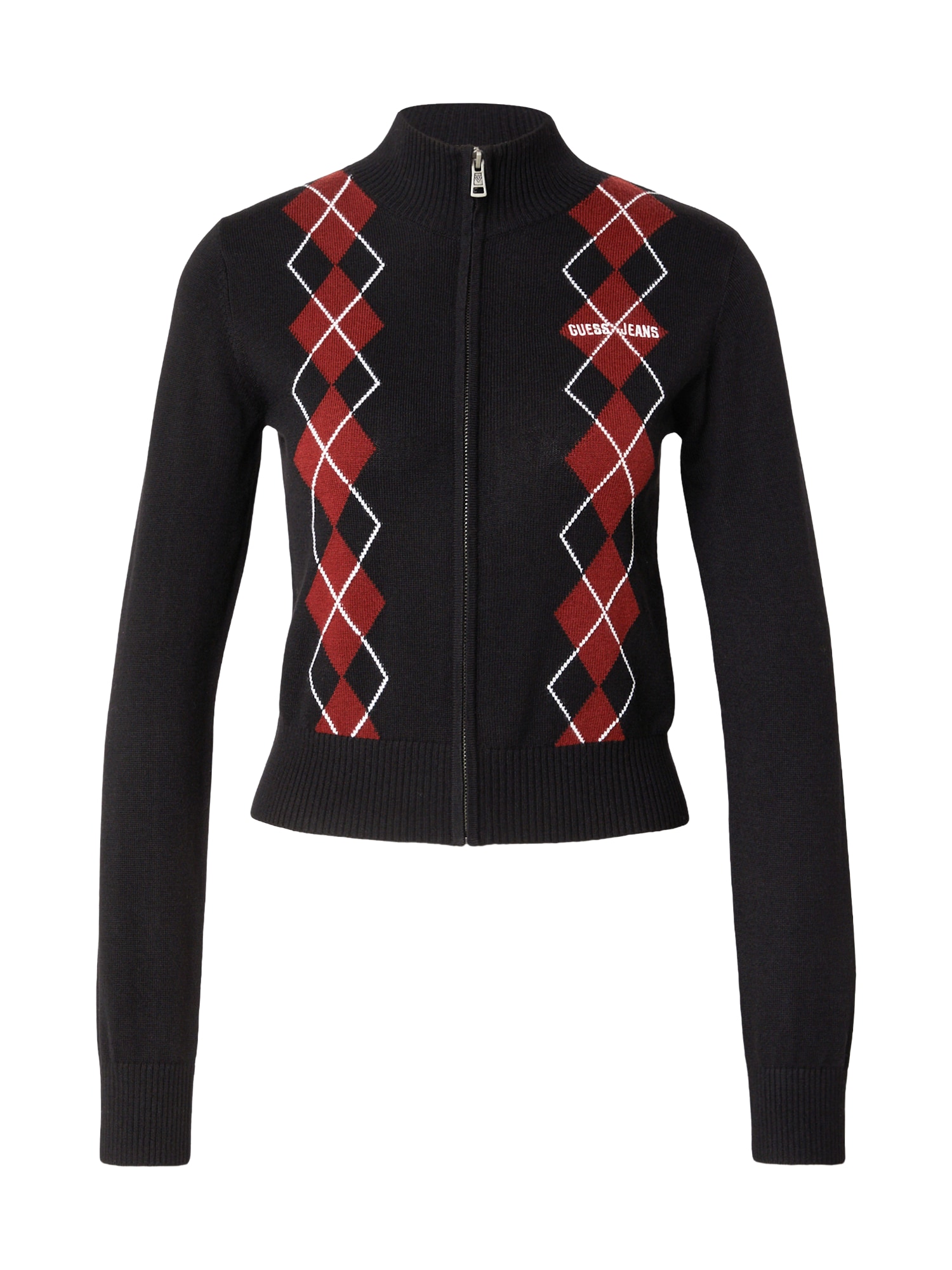 GUESS JEANS Kardigan 'ARGYLE' krvavo crvena / crna / bijela