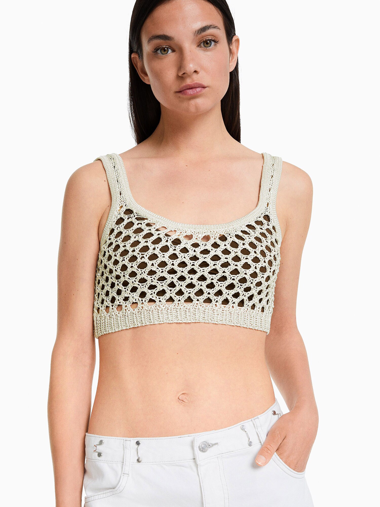 Bershka Vyšívaný top béžová (obrázok 5)