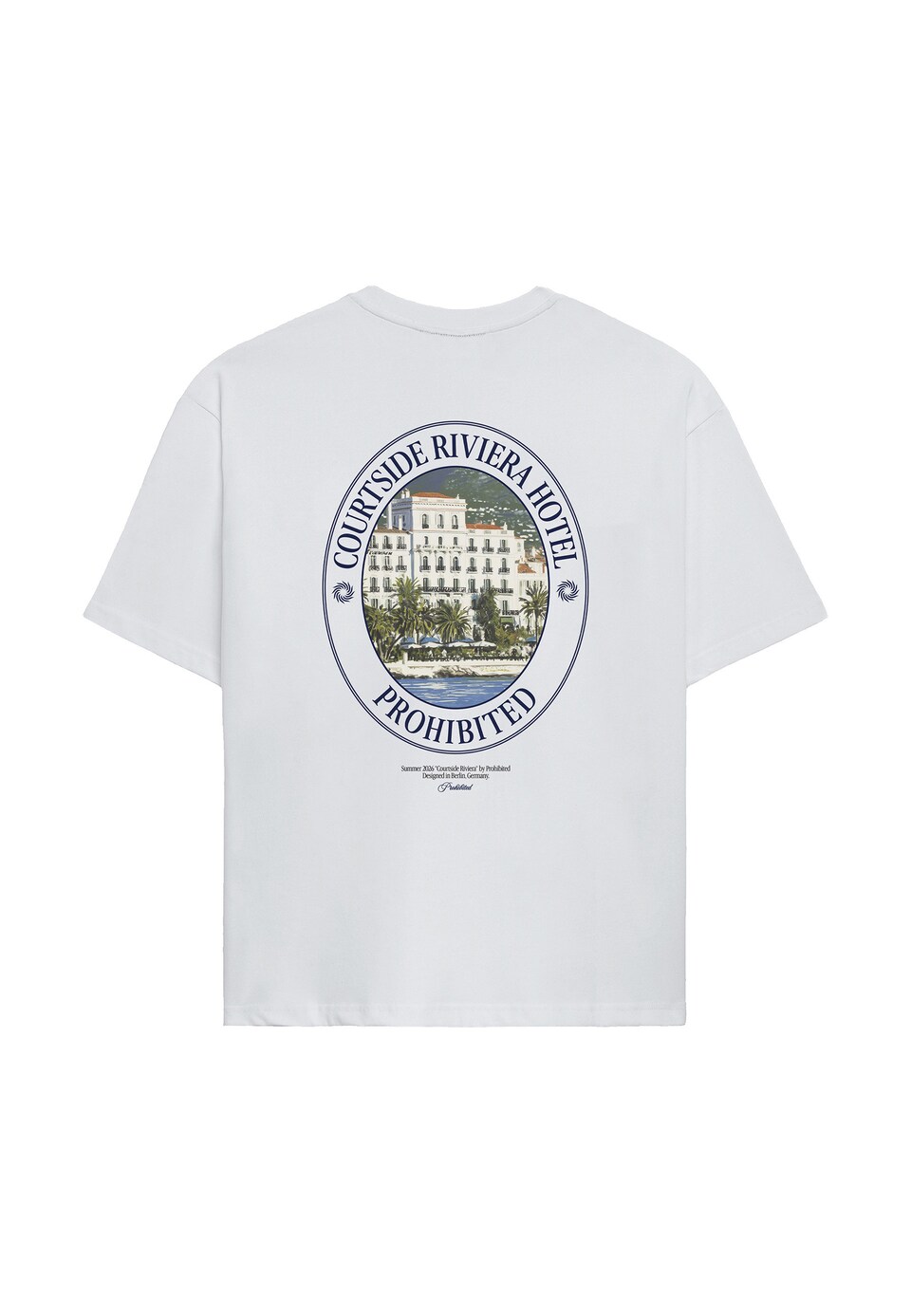 T-shirt 'Riviera Hotel' ljusbeige / blå / gran