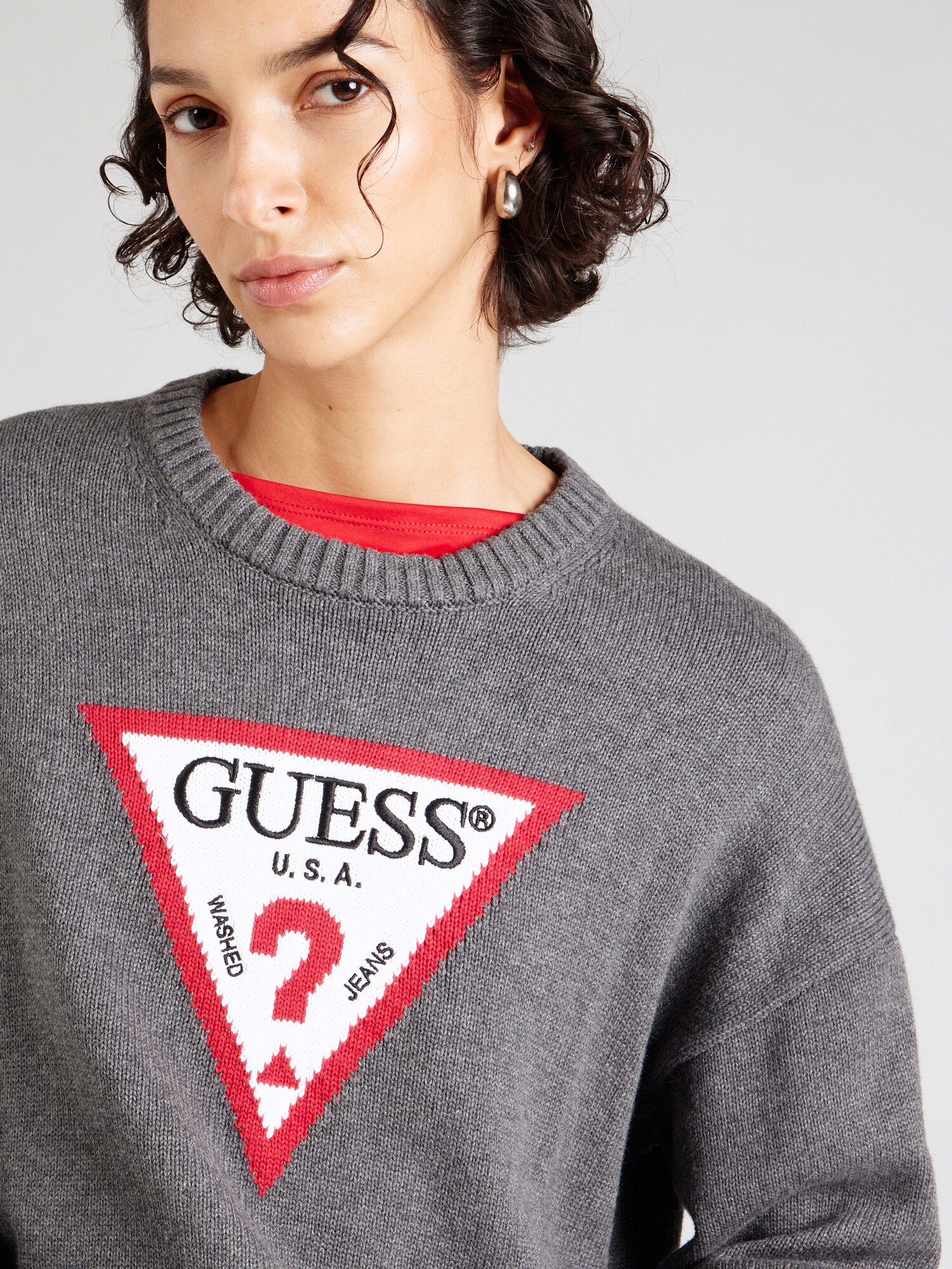 GUESS JEANS Sveter sivá melírovaná / červená / čierna / biela (obrázok 5)