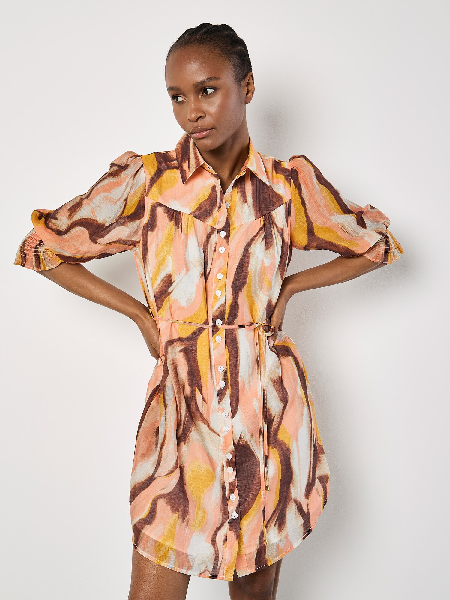 Thumbnail - Apricot Painterly Swirls Shirt Mini Dress