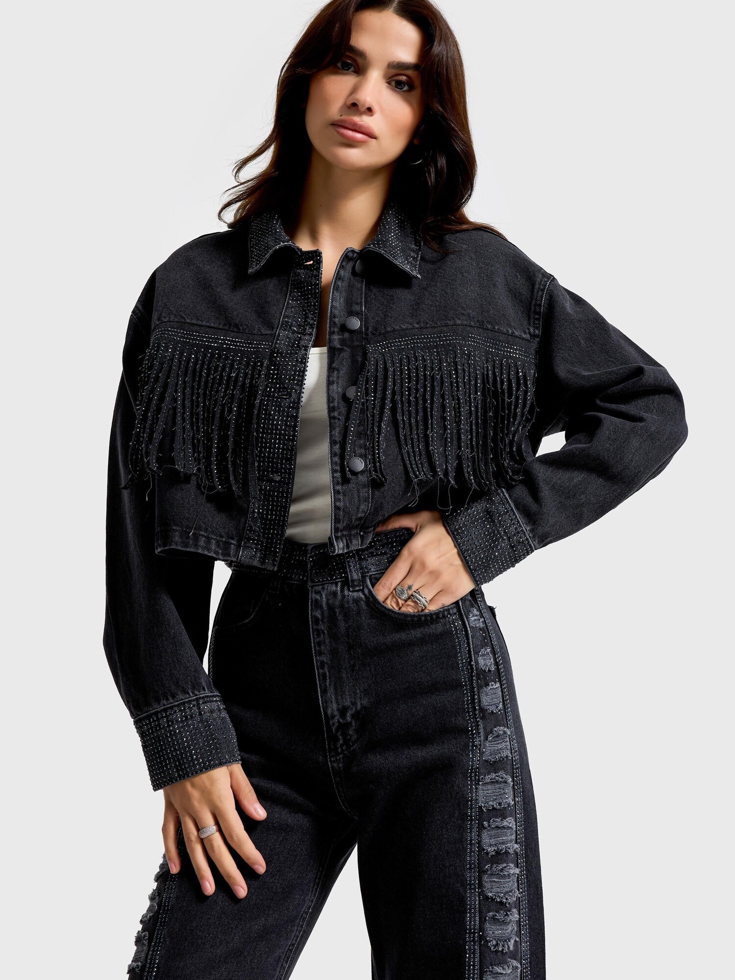It's Basic Its Basic Weste Rhinestone Cropped Denim Jacket