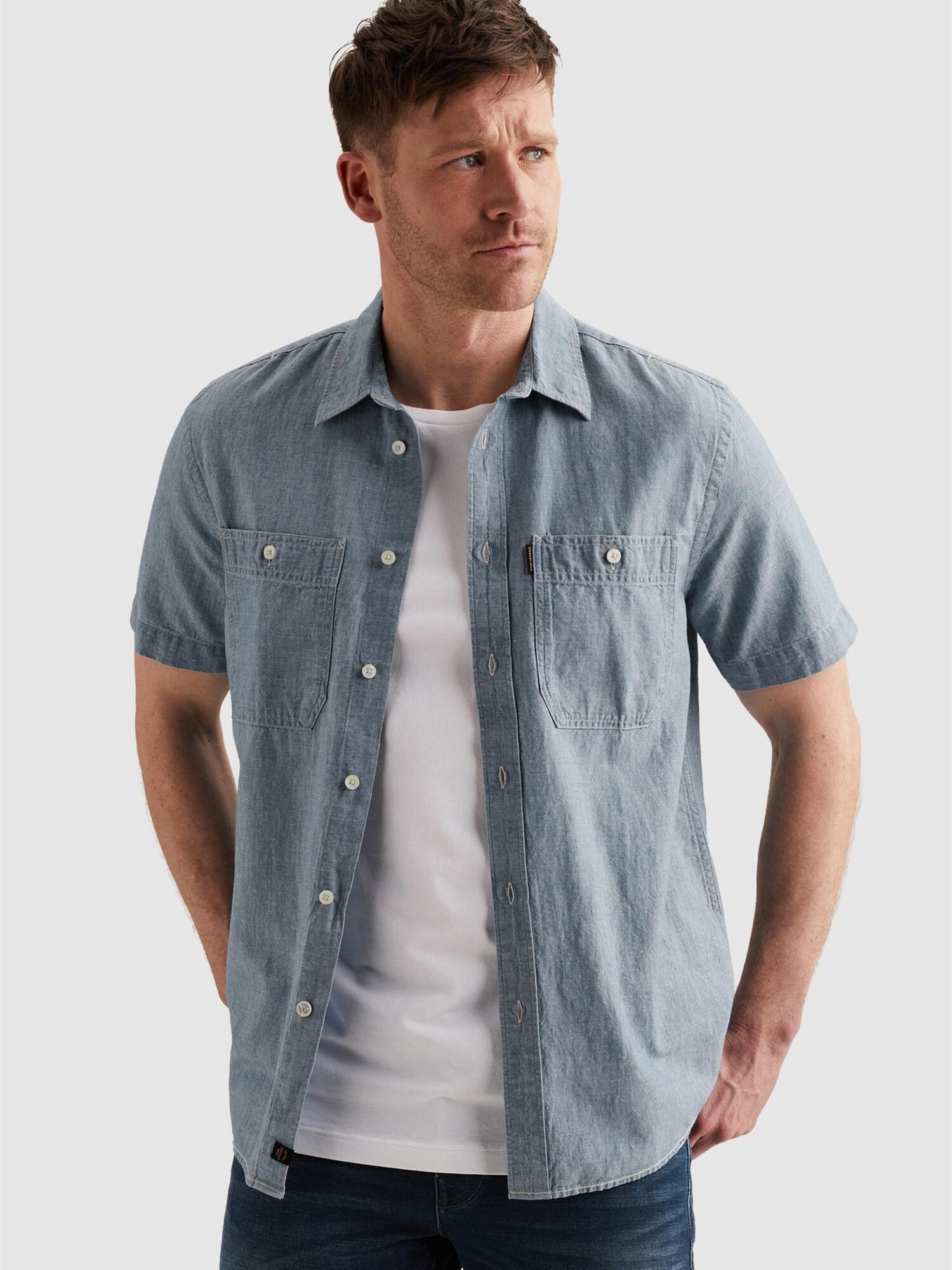 Pme Legend Overhemd 'Shirt In Cotton/linen With Short Sleeves' Lichtblauw
