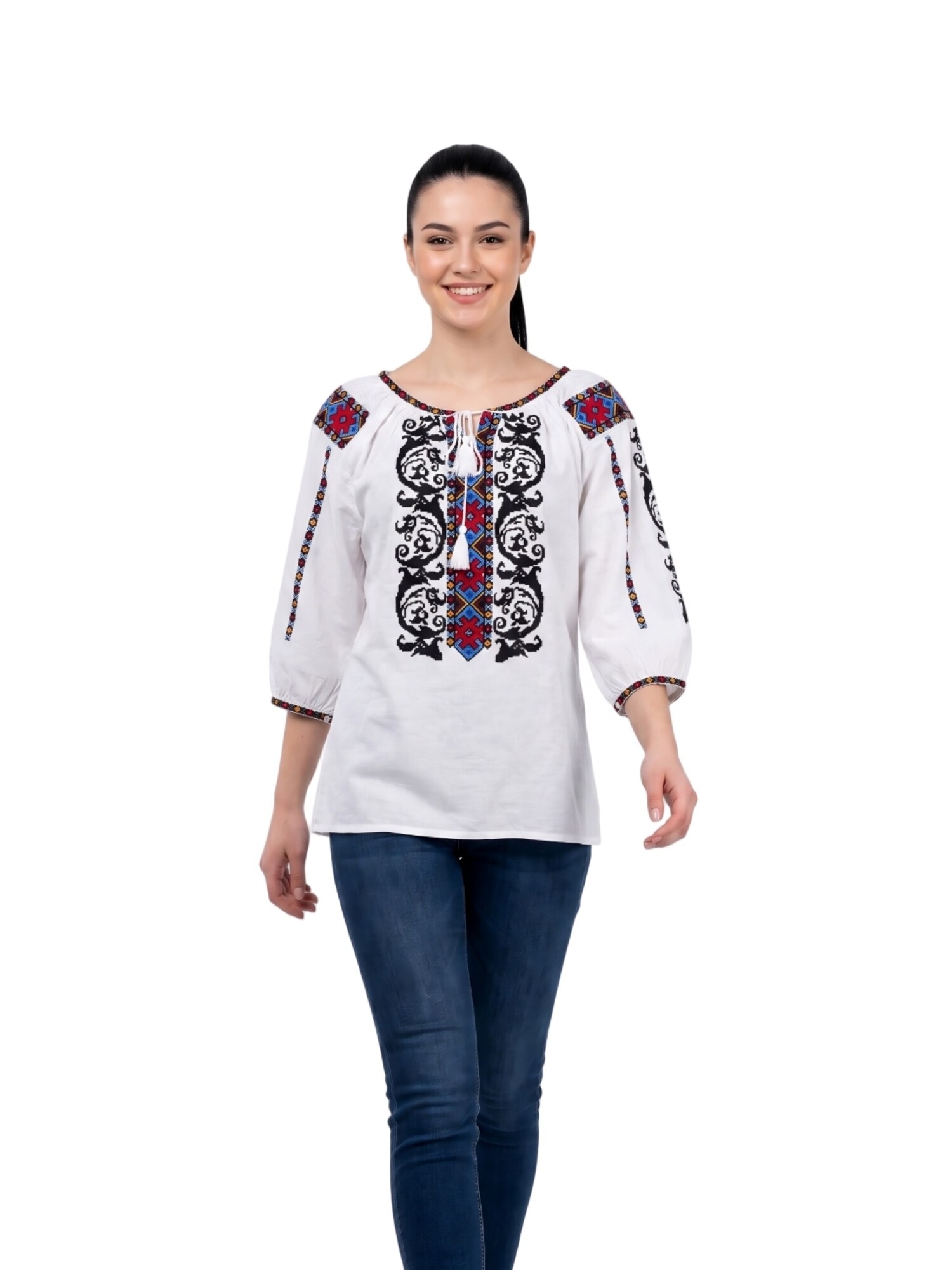 Rody’s forever Blusa tradicional 'Damenbluse AU26 weiß/schwarz , marimea L' blanco