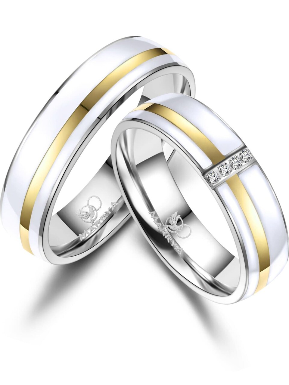 Ring 'MARRYA ES-39 Ehering aus Edelstahl & Emaille WEIß & Gold plattiert'