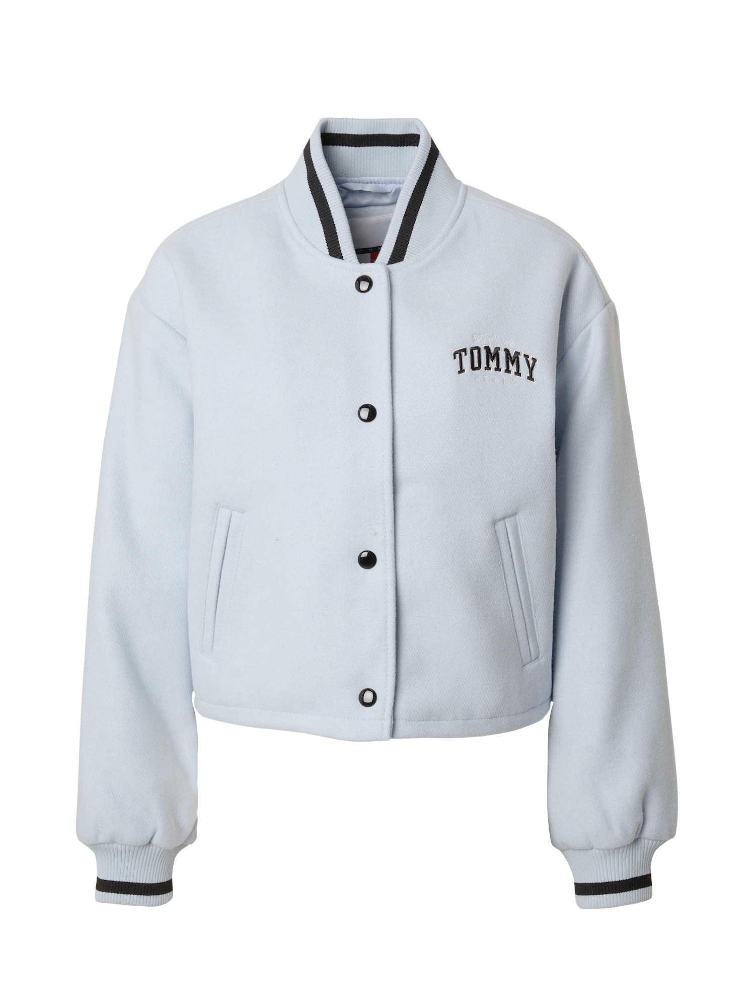 Tommy Jeans Demisezoninė striukė 'Varsity' šviesiai mėlyna / juoda / balta
