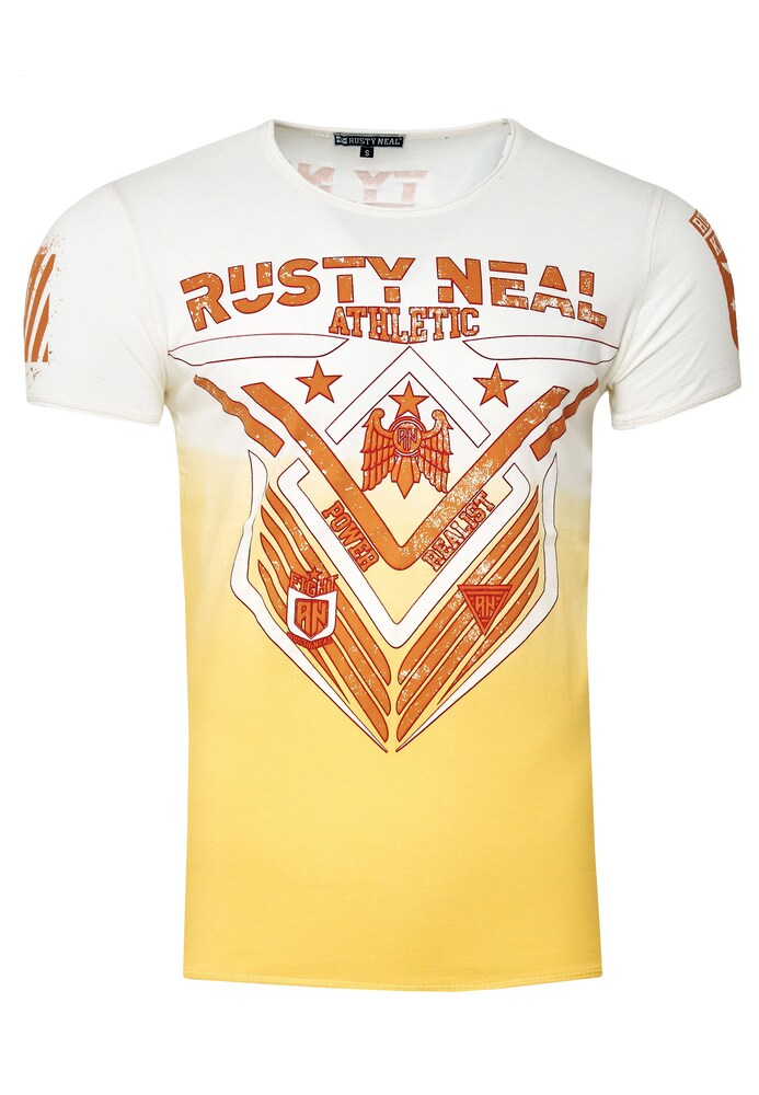 Rusty Neal T-Shirt aus formbeständiger Baumwolle Herren Größe XL gelb / orange / weiß